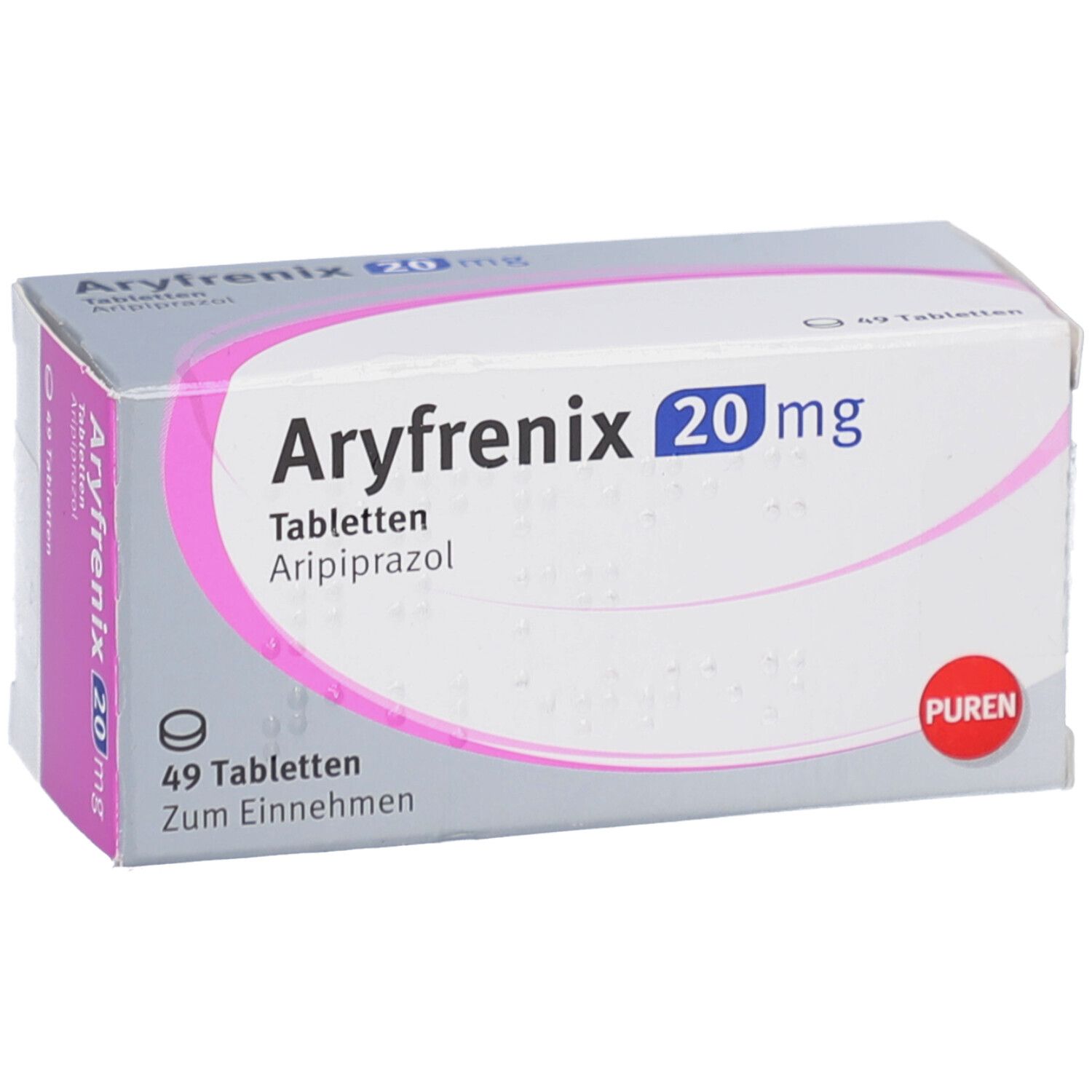 ARYFRENIX 20 mg Tabletten-Schachtel. Enthält 49 Tabletten. Marke PUREN. Rosa und graue Verpackung.