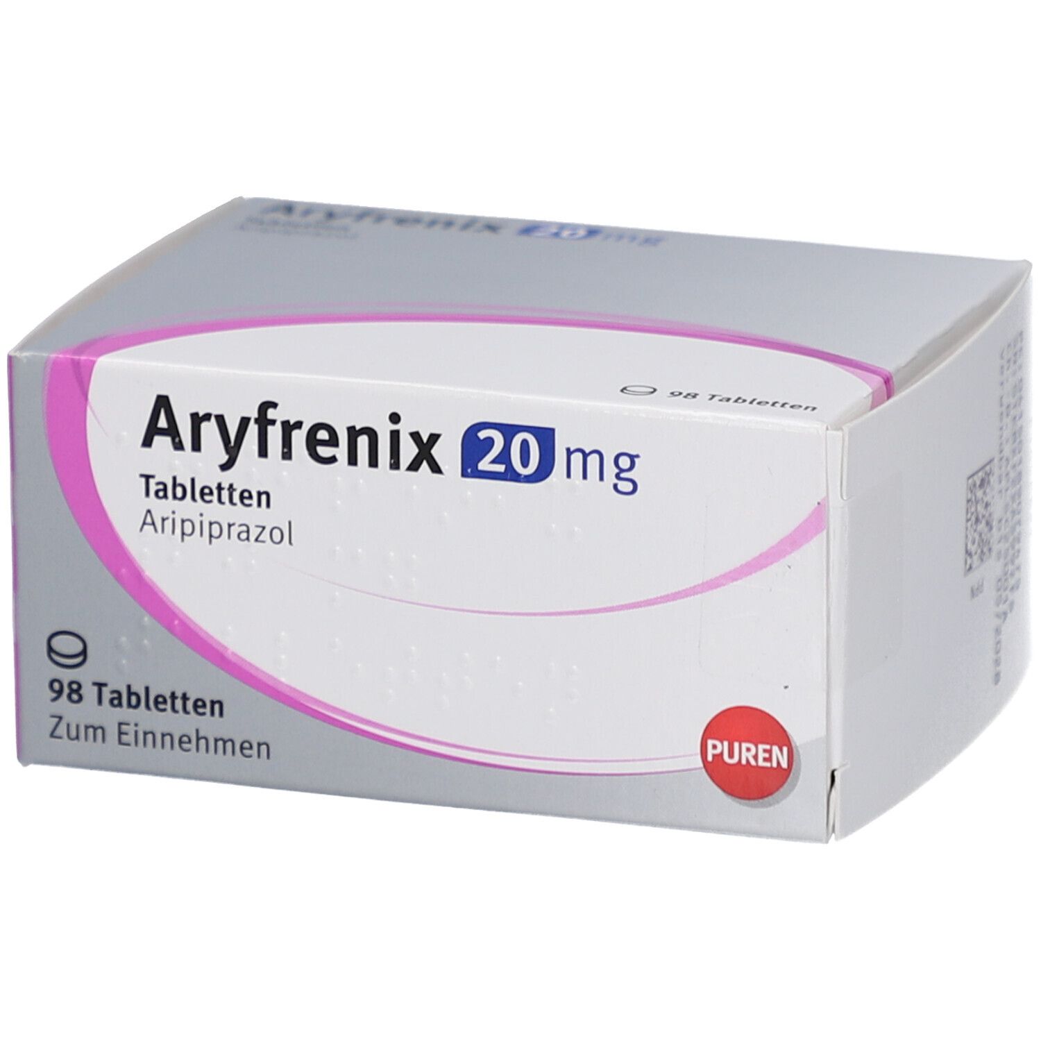 Schachtel mit Aryfrenix 20 mg Tabletten. Aufschrift: 98 Tabletten, Zum Einnehmen. Logo: PUREN.