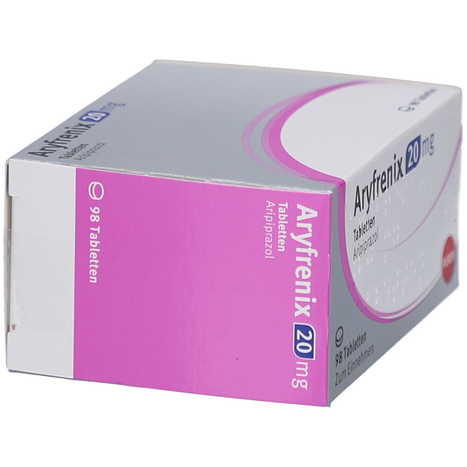 Schachtel Aryfrenix 20 mg Tabletten. Aufschrift: 98 Tabletten. Seite mit Produktnamen und Dosierung.