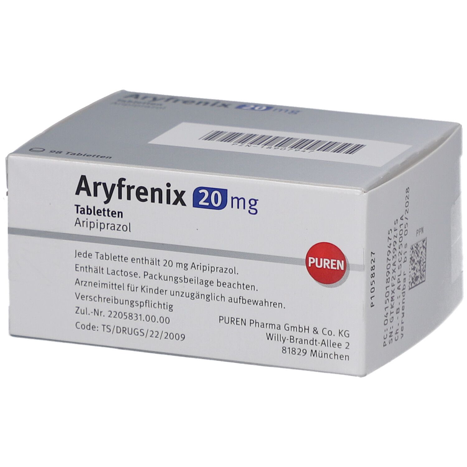 Schachtel Aryfrenix 20 mg Tabletten. Aufschrift: 98 Tabletten. Rückseite mit Informationen und Logo PUREN.