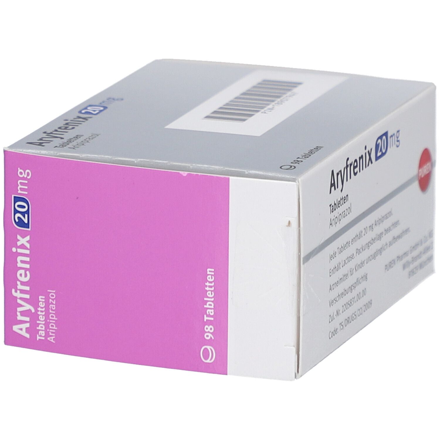 Schachtel Aryfrenix 20 mg Tabletten. Aufschrift: 98 Tabletten. Seite mit Produktnamen und Logo PUREN.