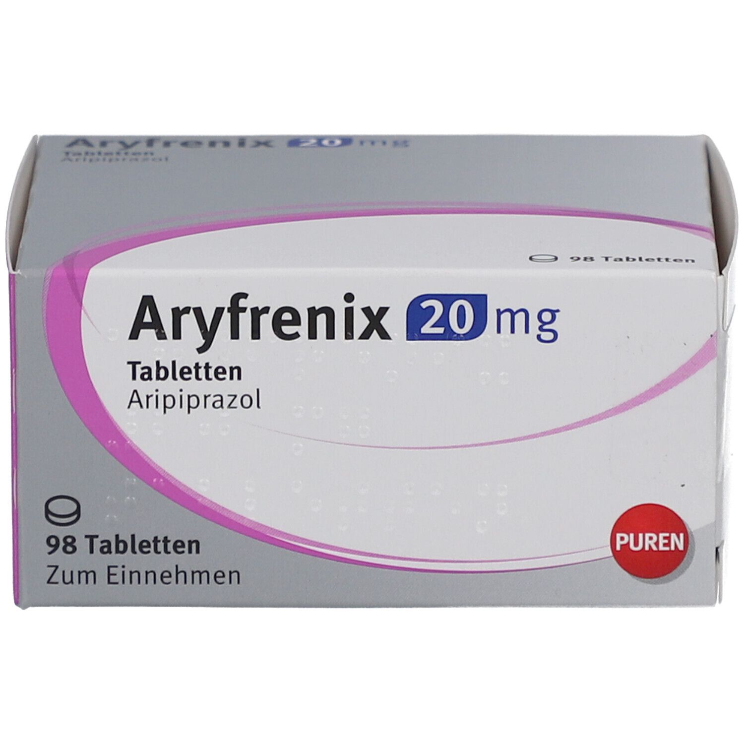 Schachtel Aryfrenix 20 mg Tabletten. Aufschrift: 98 Tabletten, Zum Einnehmen. Logo: PUREN.