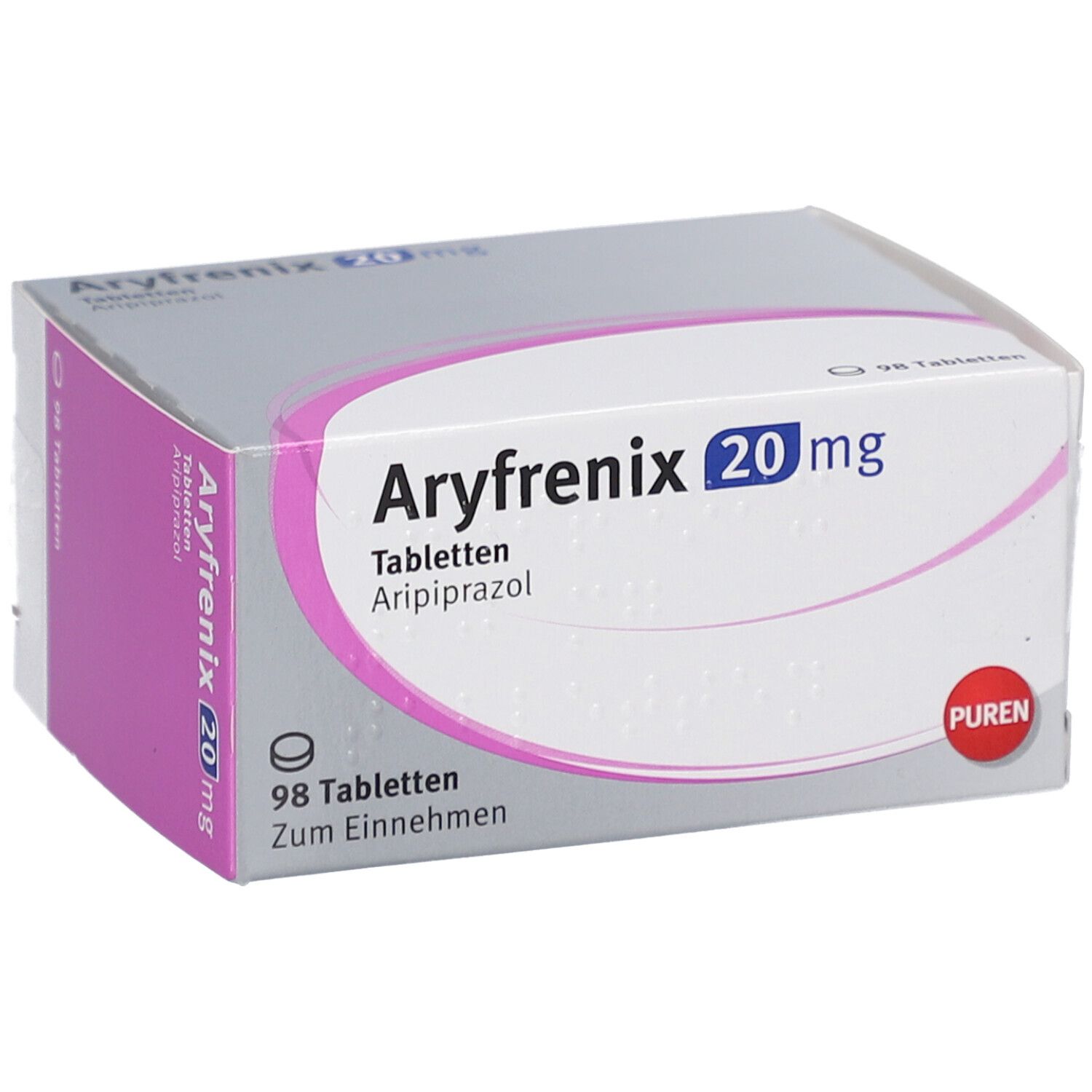 Schachtel Aryfrenix 20 mg Tabletten. Aufschrift: 98 Tabletten, Zum Einnehmen. Logo: PUREN.
