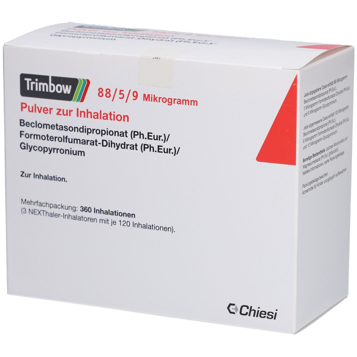 Weißer Karton mit rotem Akzent. Aufschrift: Trimbow 88/5/9 Mikrogramm, Pulver zur Inhalation. Enthält Wirkstoffe. Chiesi-Logo.