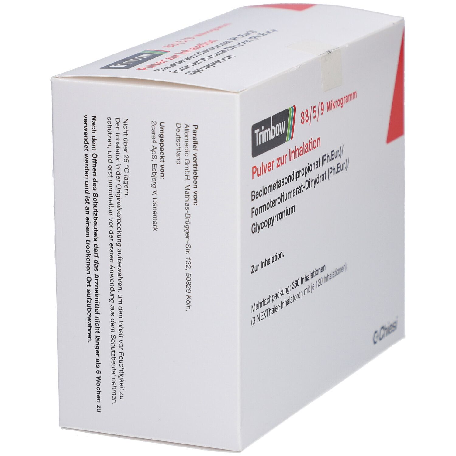 Weißer Karton, schräg. Aufschrift: Trimbow 88/5/9 Mikrogramm, Pulver zur Inhalation. Enthält Wirkstoffe. Text über Aufbewahrung und Haltbarkeit.