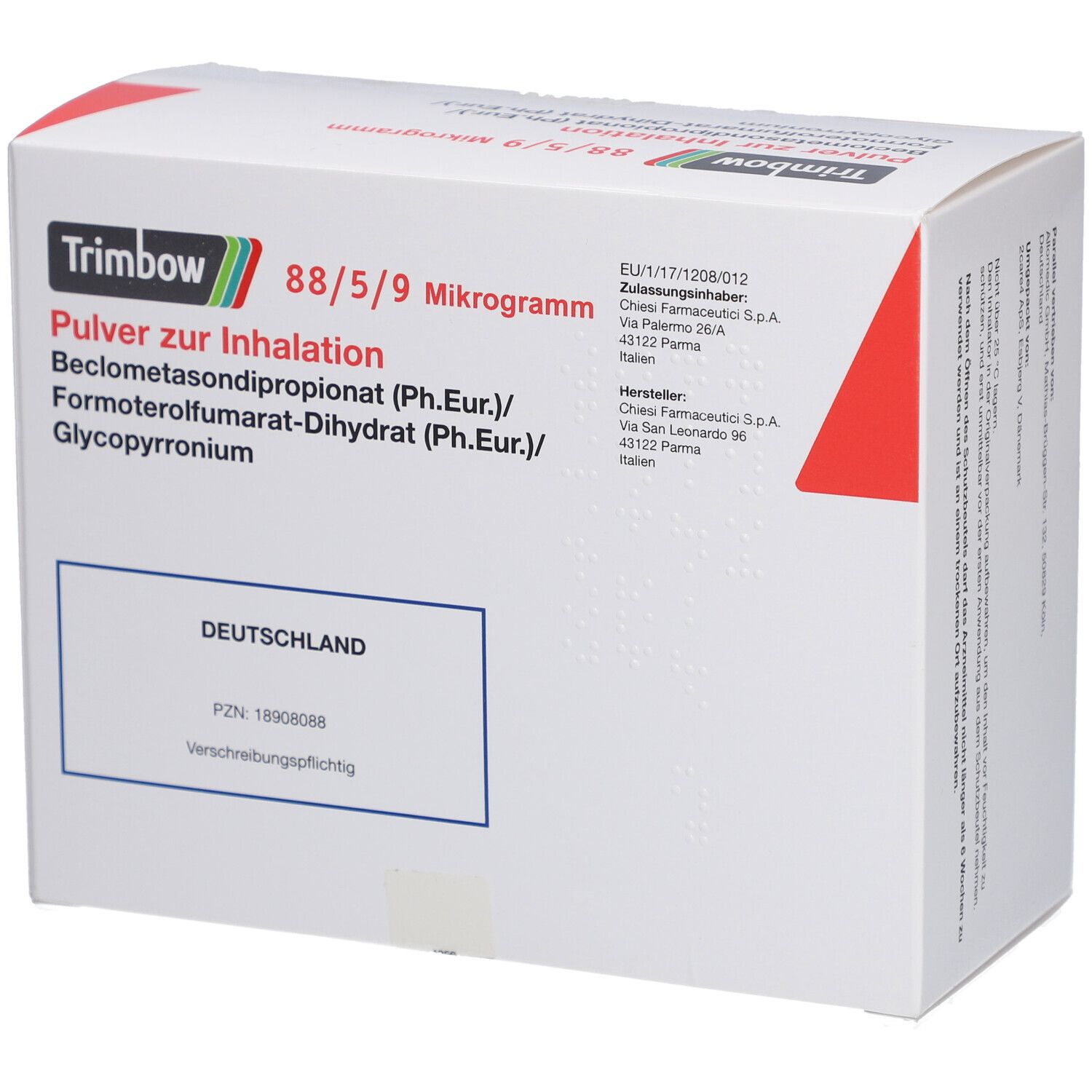 Weißer Karton, schräg. Aufschrift: Trimbow 88/5/9 Mikrogramm, Pulver zur Inhalation. Enthält Wirkstoffe. Text mit Herstellerinformationen.