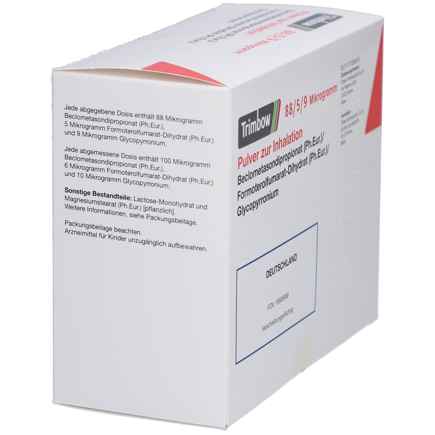 Weißer Karton, schräg. Aufschrift: Trimbow 88/5/9 Mikrogramm, Pulver zur Inhalation. Enthält Wirkstoffe. Text mit Dosierungsangaben.