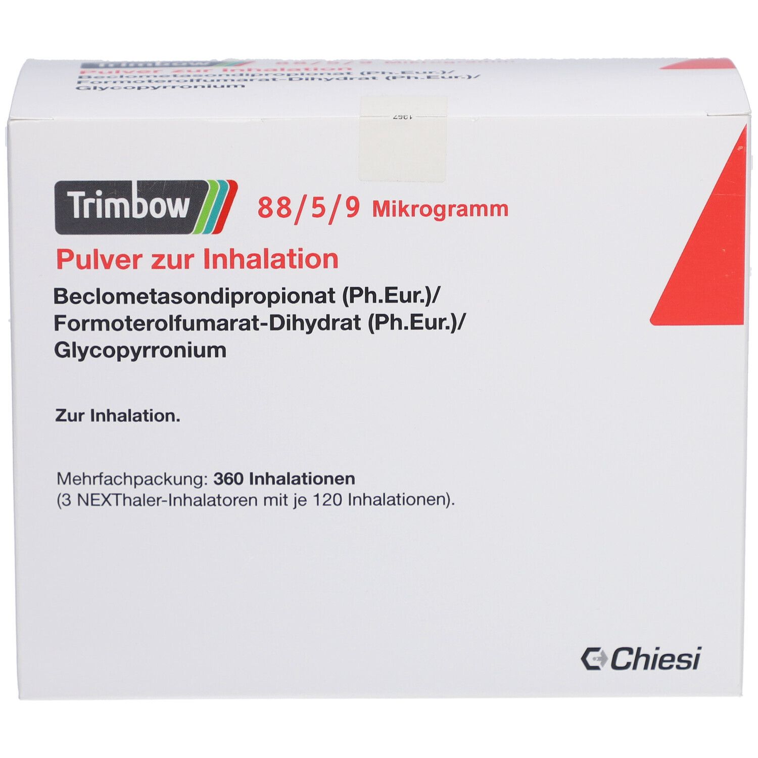 Weißer Karton. Aufschrift: Trimbow 88/5/9 Mikrogramm, Pulver zur Inhalation. Enthält Wirkstoffe. Mehrfachpackung mit 360 Inhalationen.