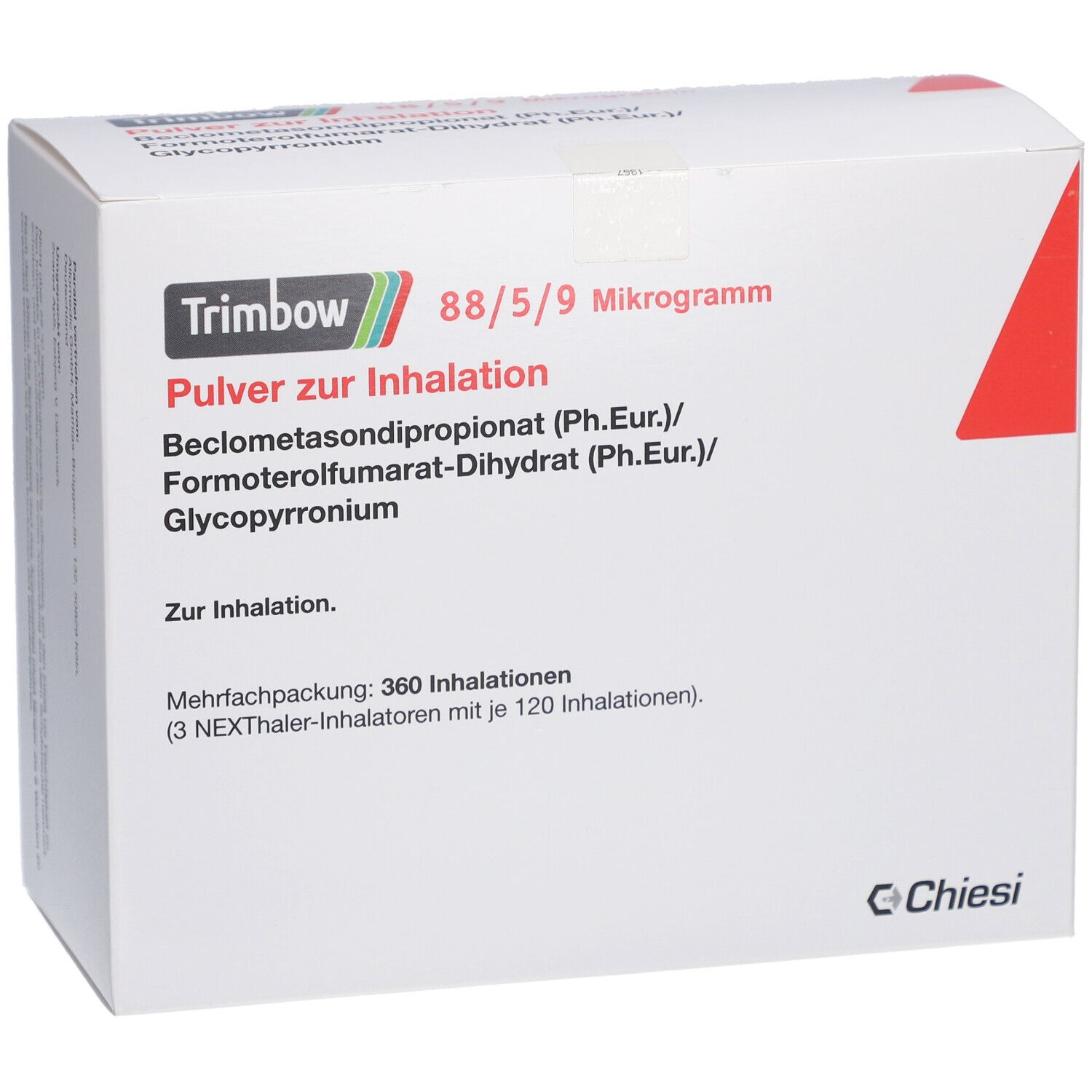 Weißer Karton. Aufschrift: Trimbow 88/5/9 Mikrogramm, Pulver zur Inhalation. Enthält Wirkstoffe. Mehrfachpackung mit 360 Inhalationen.