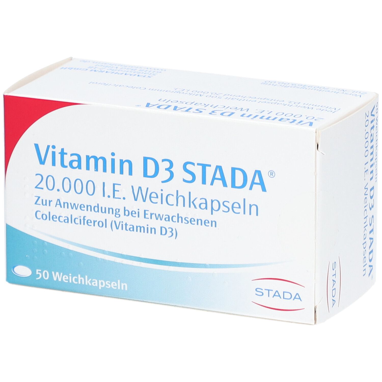 Weichkapseln-Packung. Aufschrift: Vitamin D3 STADA 20.000 I.E. Weichkapseln. 50 Weichkapseln. STADA-Logo.