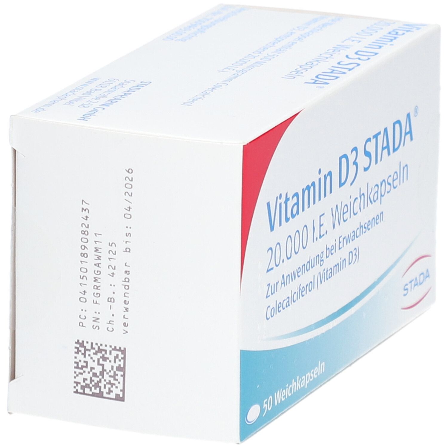 Weichkapseln-Packung. Aufschrift: Vitamin D3 STADA 20.000 I.E. Weichkapseln. 50 Weichkapseln. STADA-Logo. QR-Code und Chargennummer.