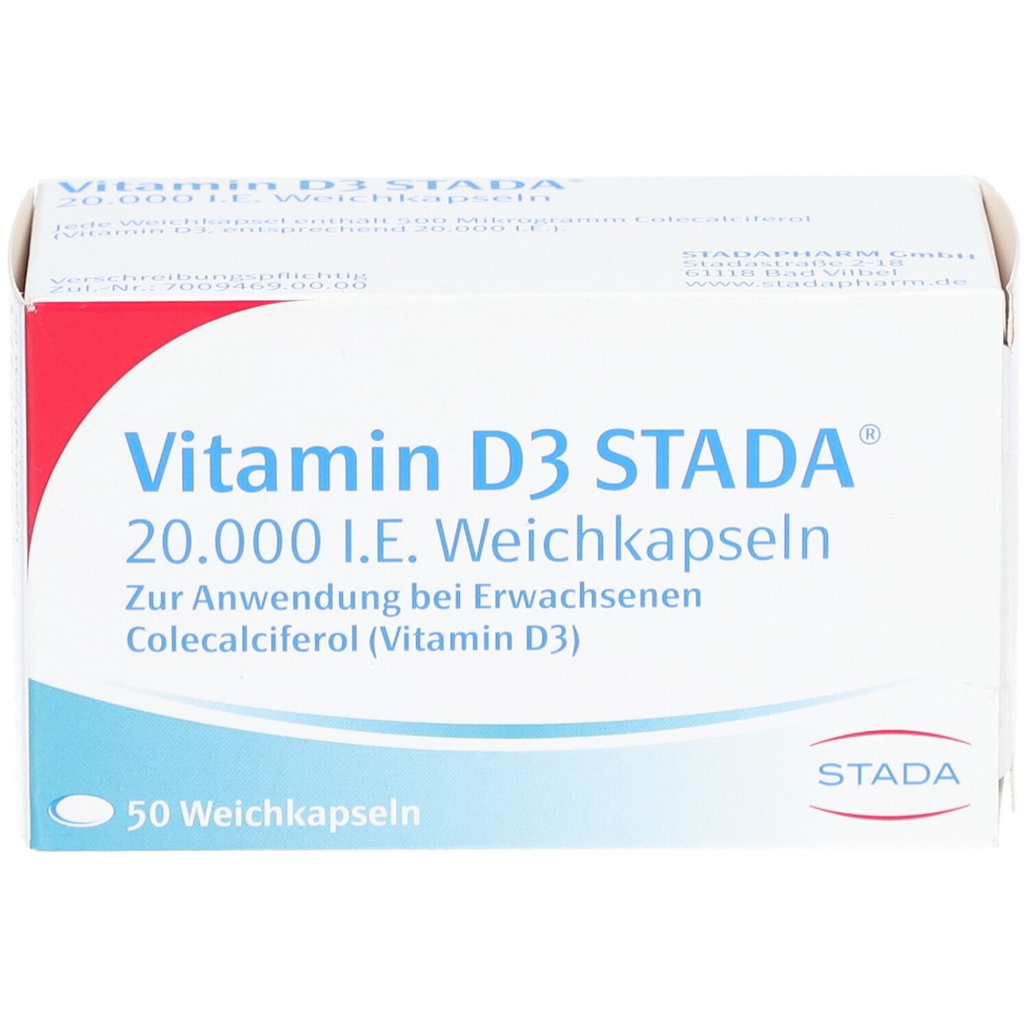Weichkapseln-Packung. Aufschrift: Vitamin D3 STADA 20.000 I.E. Weichkapseln. 50 Weichkapseln. STADA-Logo.