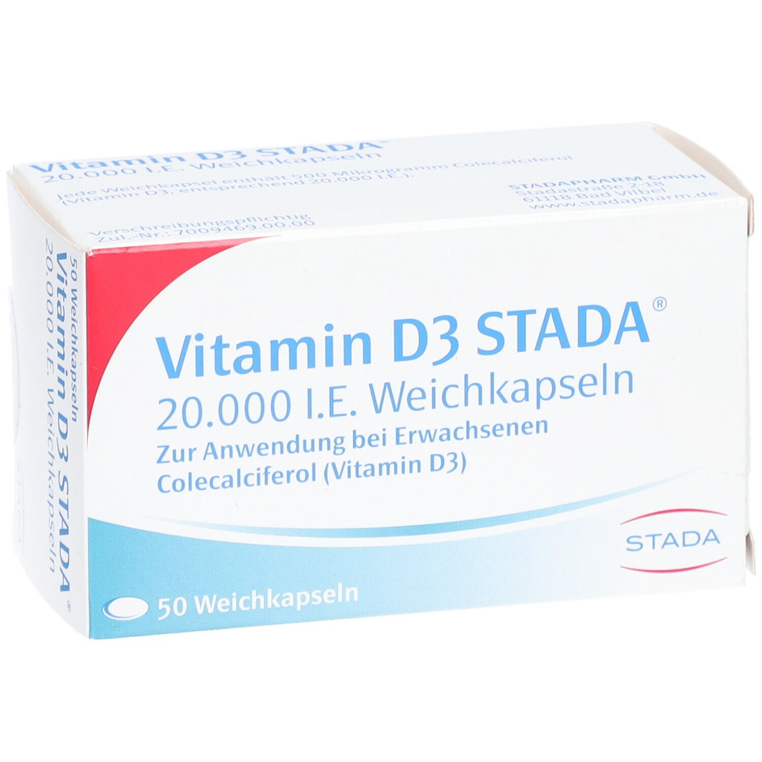 Weichkapseln-Packung. Aufschrift: Vitamin D3 STADA 20.000 I.E. Weichkapseln. 50 Weichkapseln. STADA-Logo.