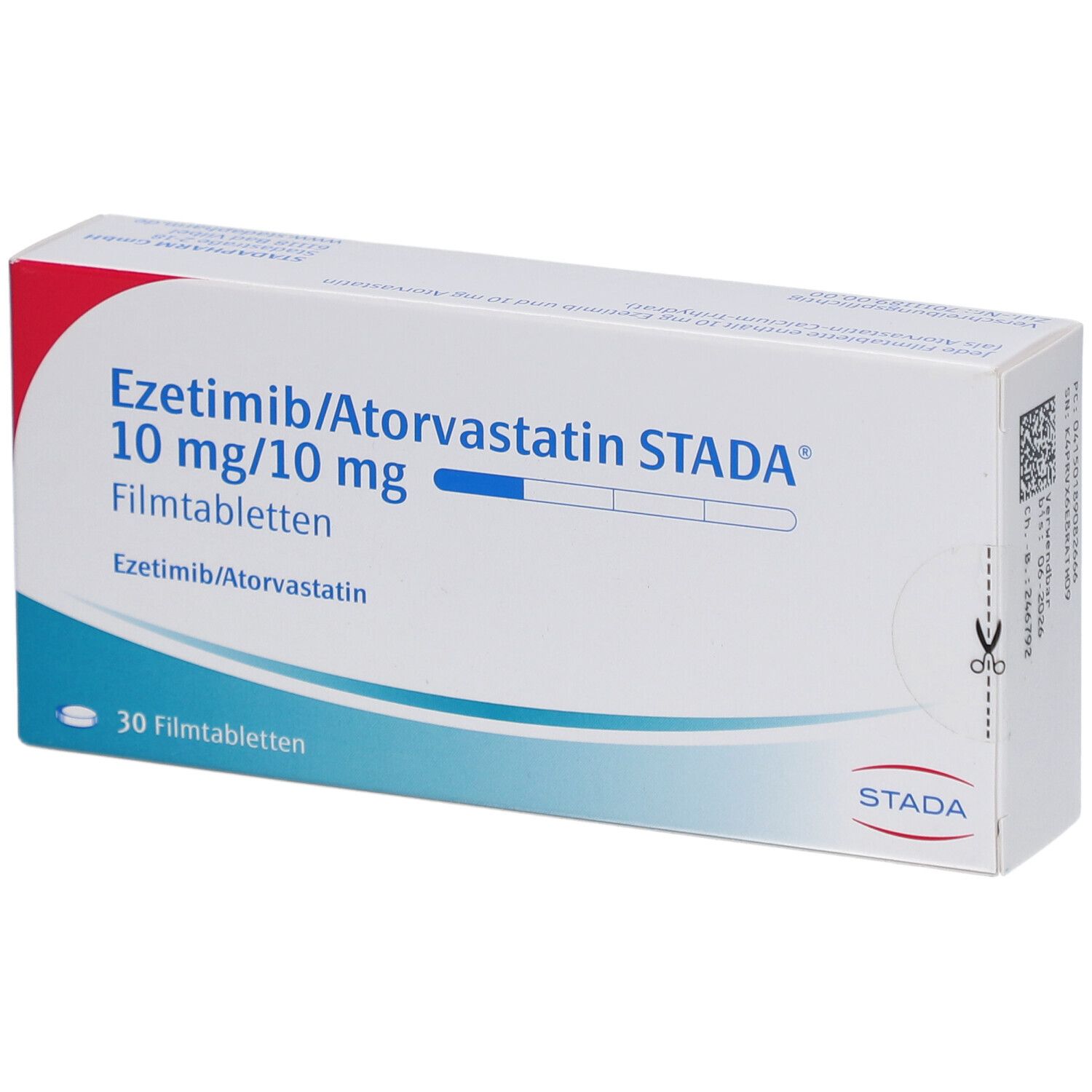 Schachtel mit EZETIMIB/Atorvastatin STADA 10 mg/10 mg Filmtabletten. Aufschrift: 30 Filmtabletten. Marke STADA.