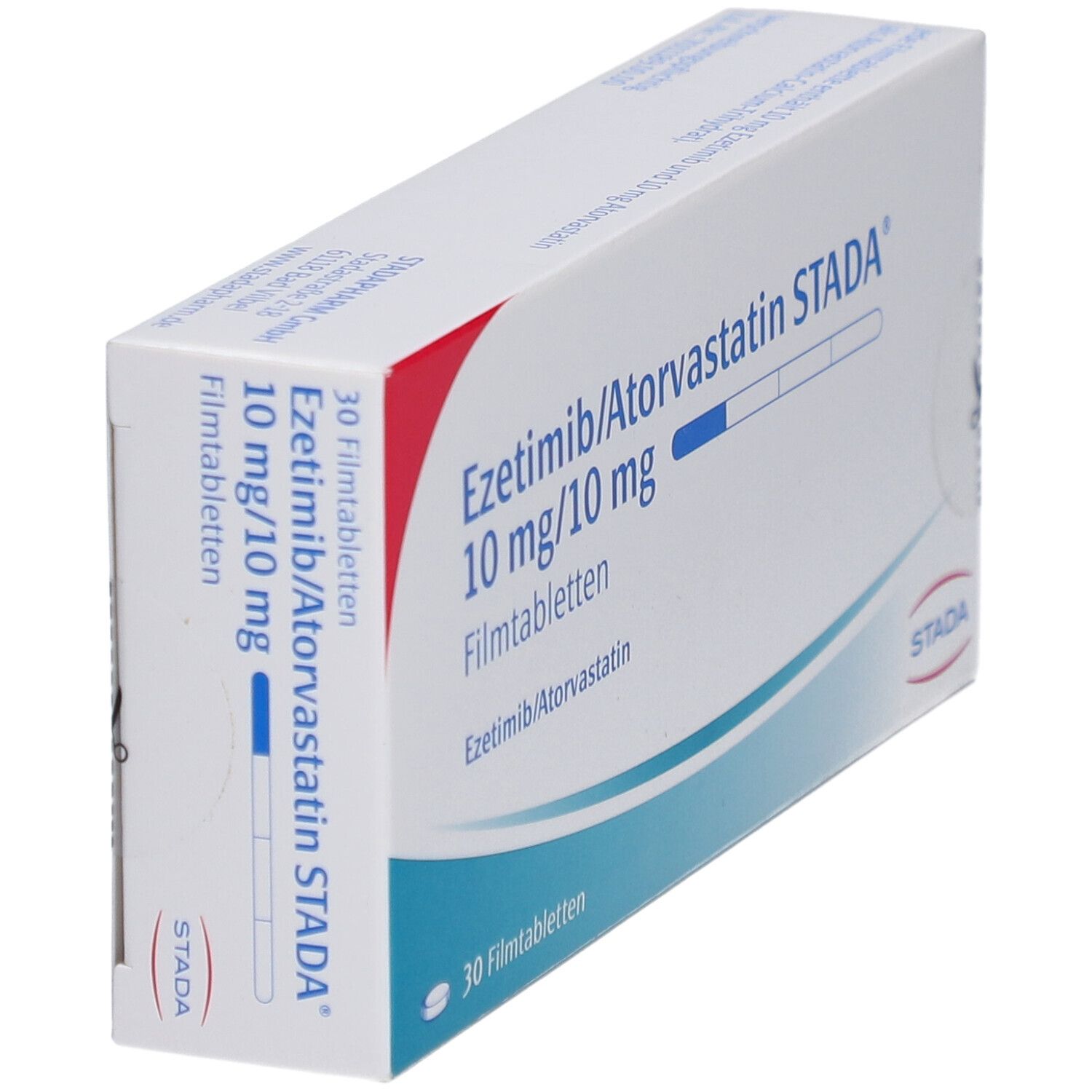 Schachtel mit EZETIMIB/Atorvastatin STADA 10 mg/10 mg Filmtabletten. Aufschrift: 30 Filmtabletten. Marke STADA.