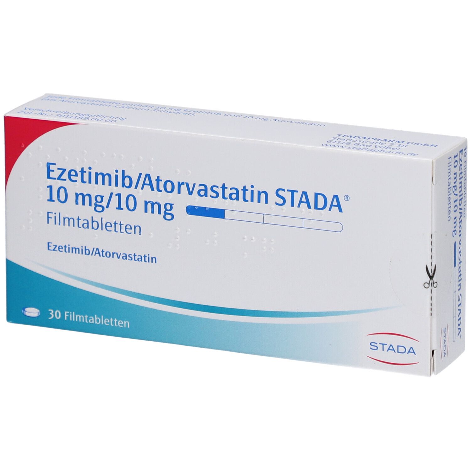 Schachtel mit EZETIMIB/Atorvastatin STADA 10 mg/10 mg Filmtabletten. Aufschrift: 30 Filmtabletten. Marke STADA.