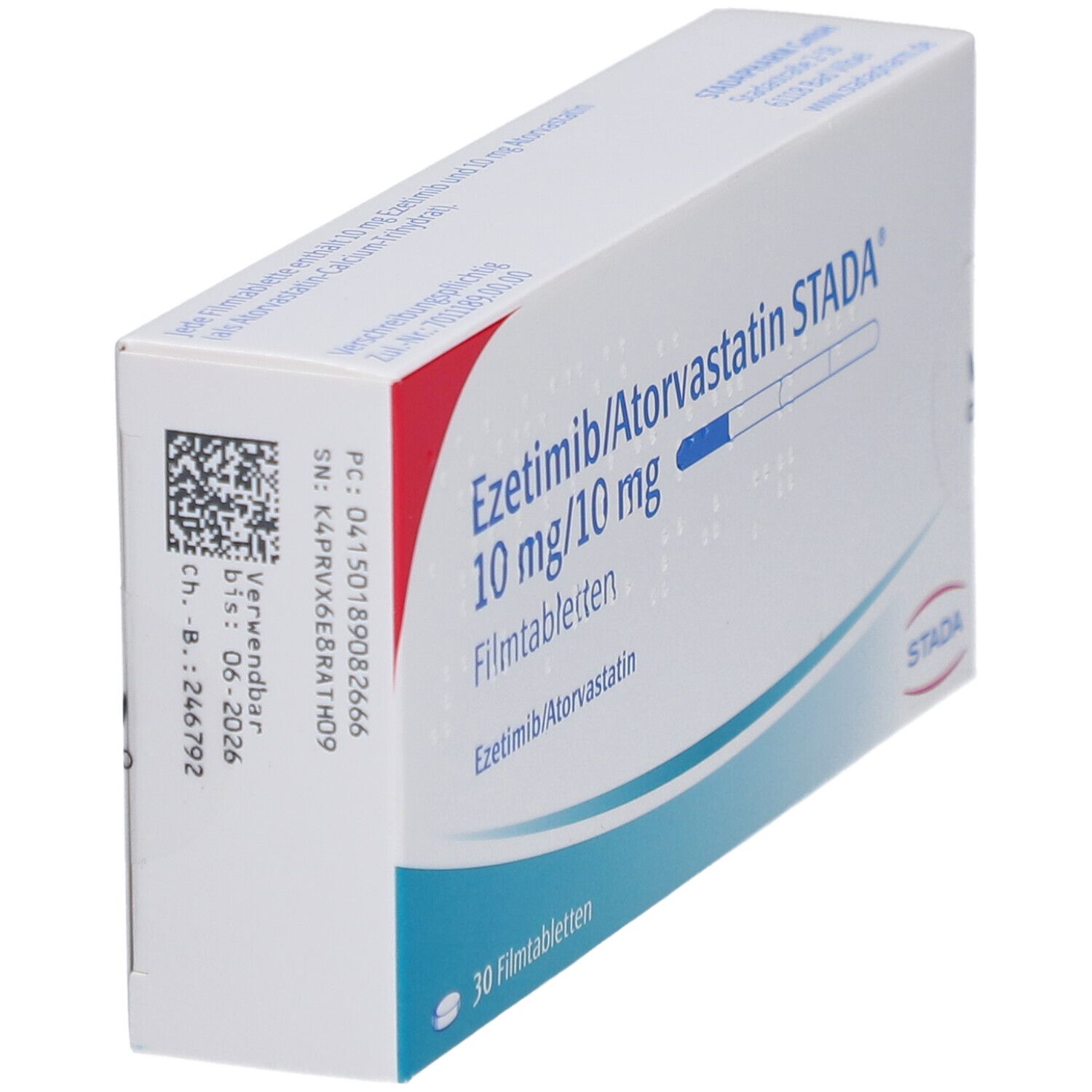 Schachtel mit EZETIMIB/Atorvastatin STADA 10 mg/10 mg Filmtabletten. Aufschrift: 30 Filmtabletten. Marke STADA.