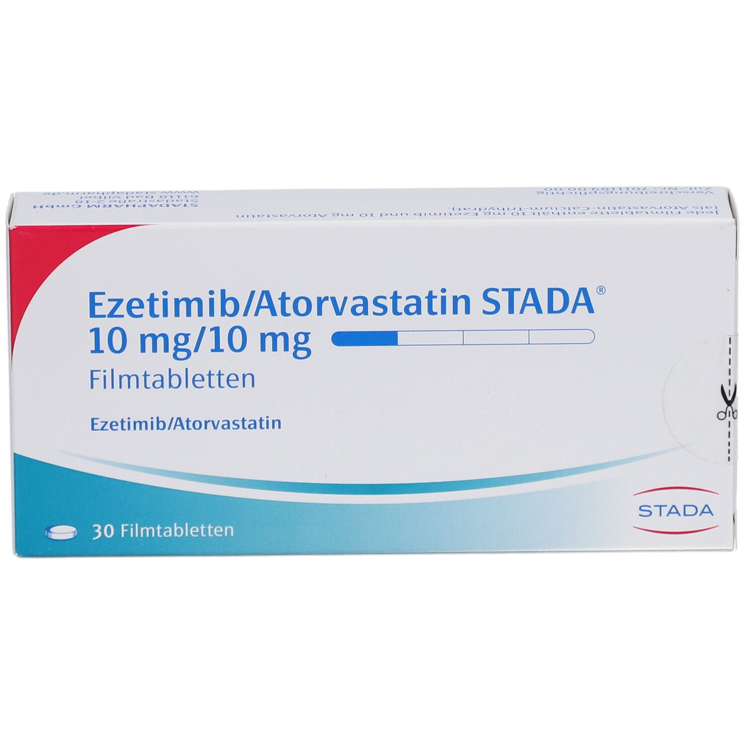 Schachtel mit EZETIMIB/Atorvastatin STADA 10 mg/10 mg Filmtabletten. Aufschrift: 30 Filmtabletten. Marke STADA.