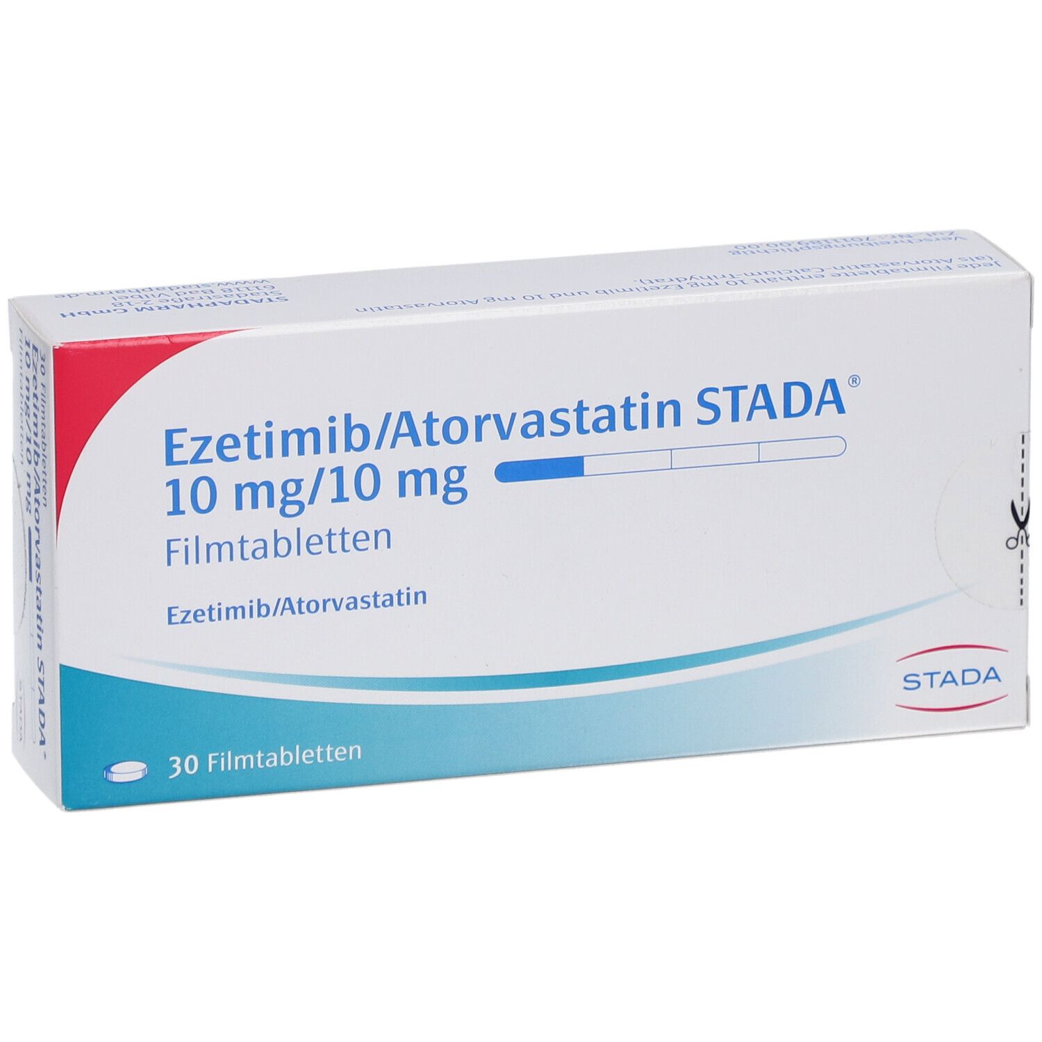 Schachtel mit EZETIMIB/Atorvastatin STADA 10 mg/10 mg Filmtabletten. Aufschrift: 30 Filmtabletten. Marke STADA.