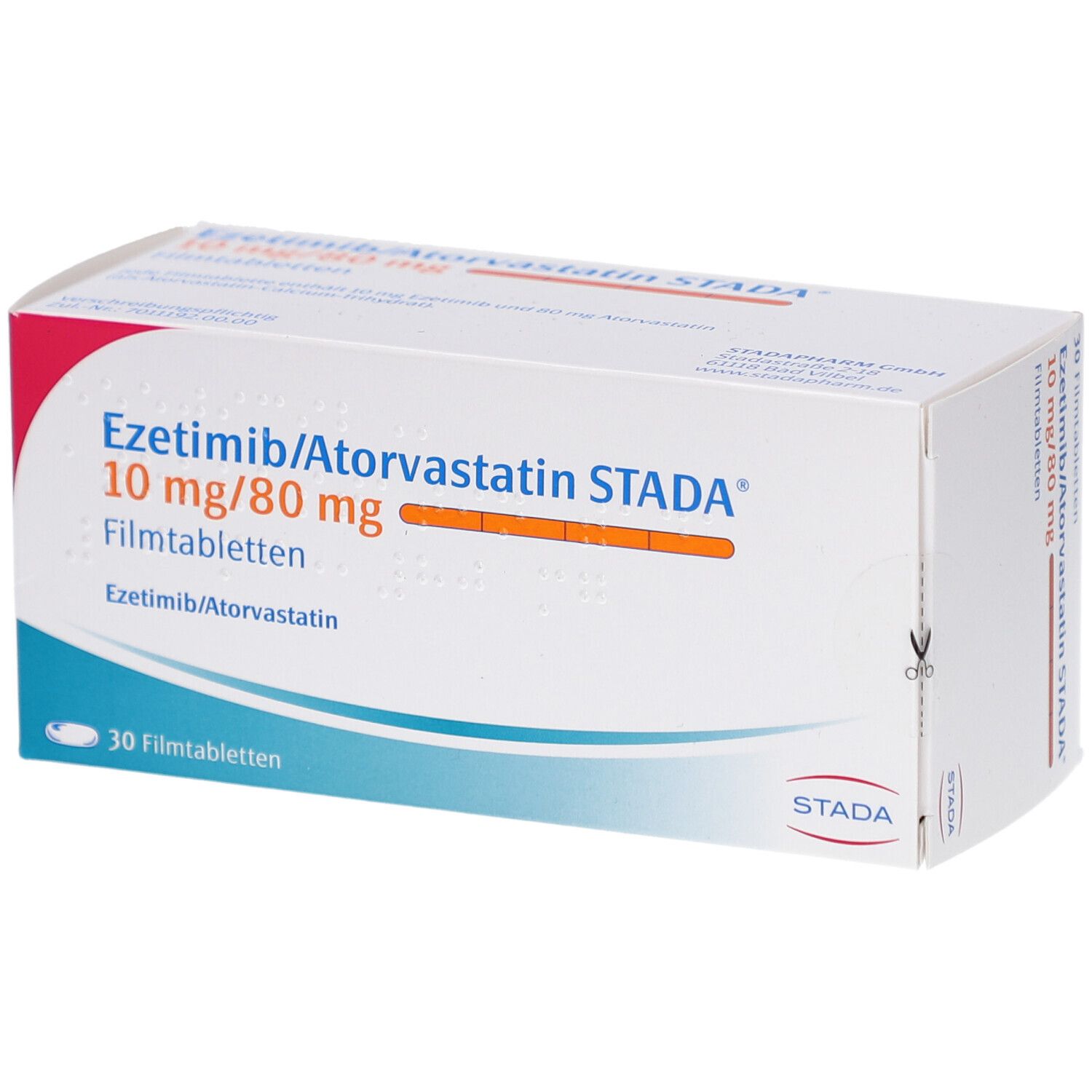 Schachtel EZETIMIB/Atorvastatin STADA 10 mg/80 mg Filmtabl. Aufschrift, 30 Filmtabletten. Weiß, rot, orange.