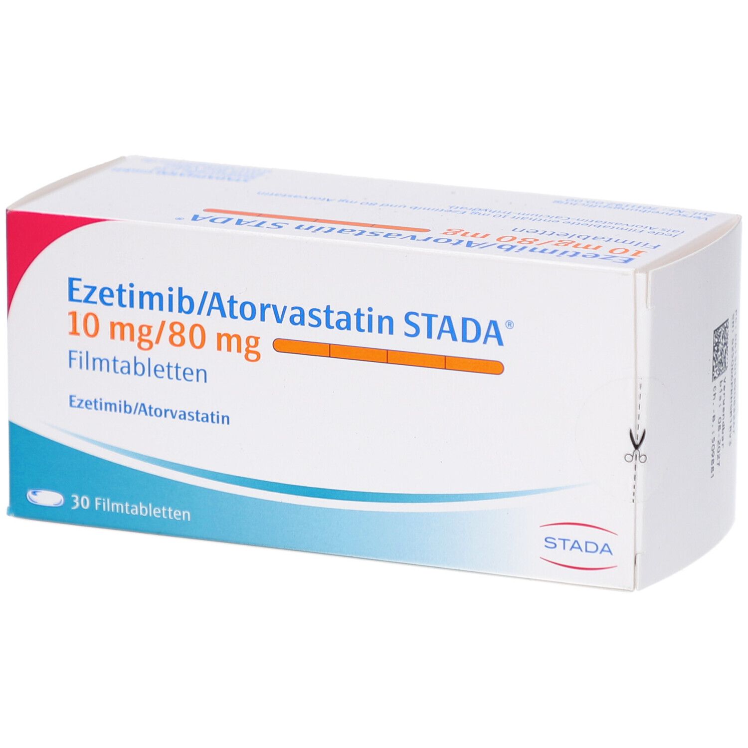 Schachtel EZETIMIB/Atorvastatin STADA 10 mg/80 mg Filmtabl. Aufschrift, 30 Filmtabletten. Weiß, rot, orange.