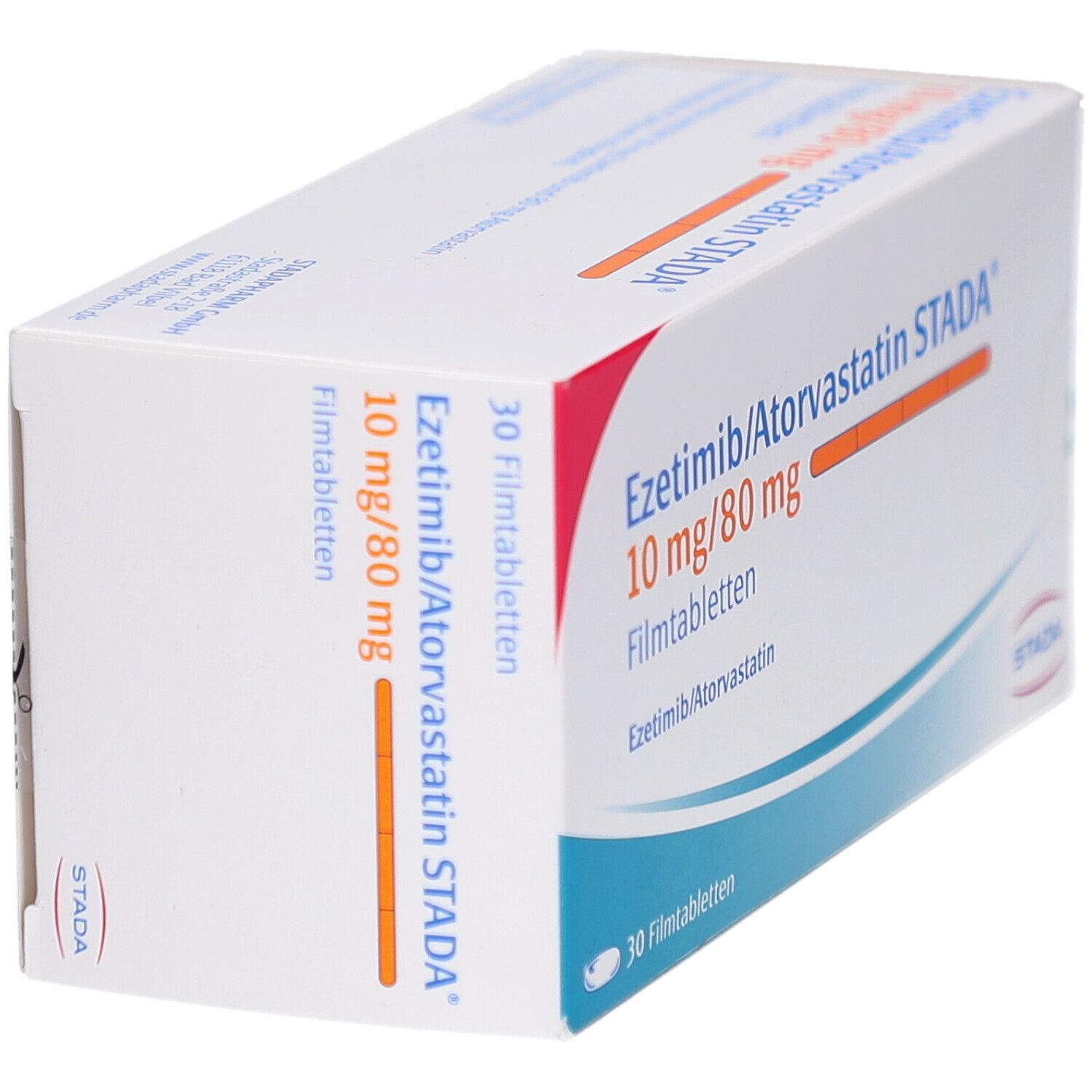 Schachtel EZETIMIB/Atorvastatin STADA 10 mg/80 mg Filmtabl. Seitenansicht mit Aufschrift und 30 Filmtabletten. Weiß, rot, orange.
