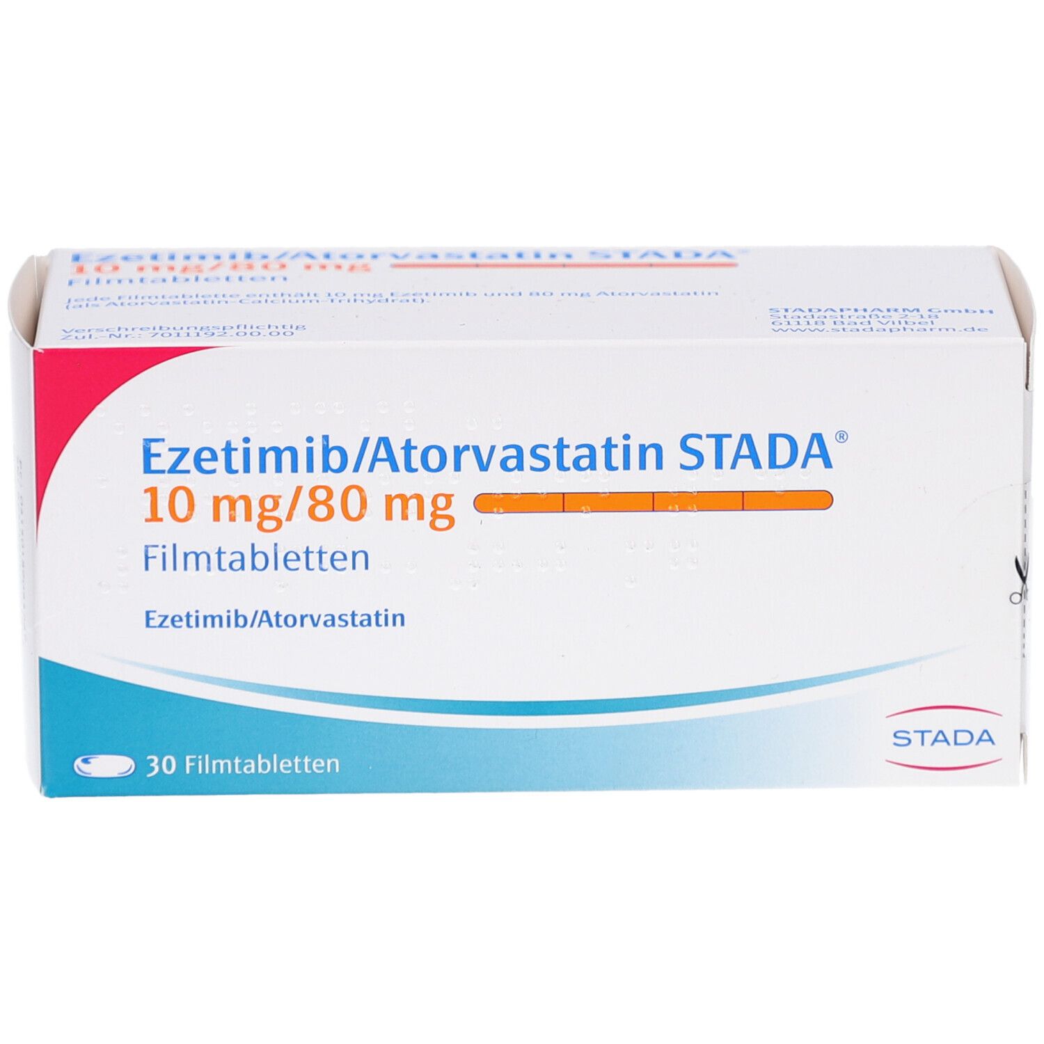 Schachtel EZETIMIB/Atorvastatin STADA 10 mg/80 mg Filmtabl. Aufschrift, 30 Filmtabletten. Weiß, rot, orange.