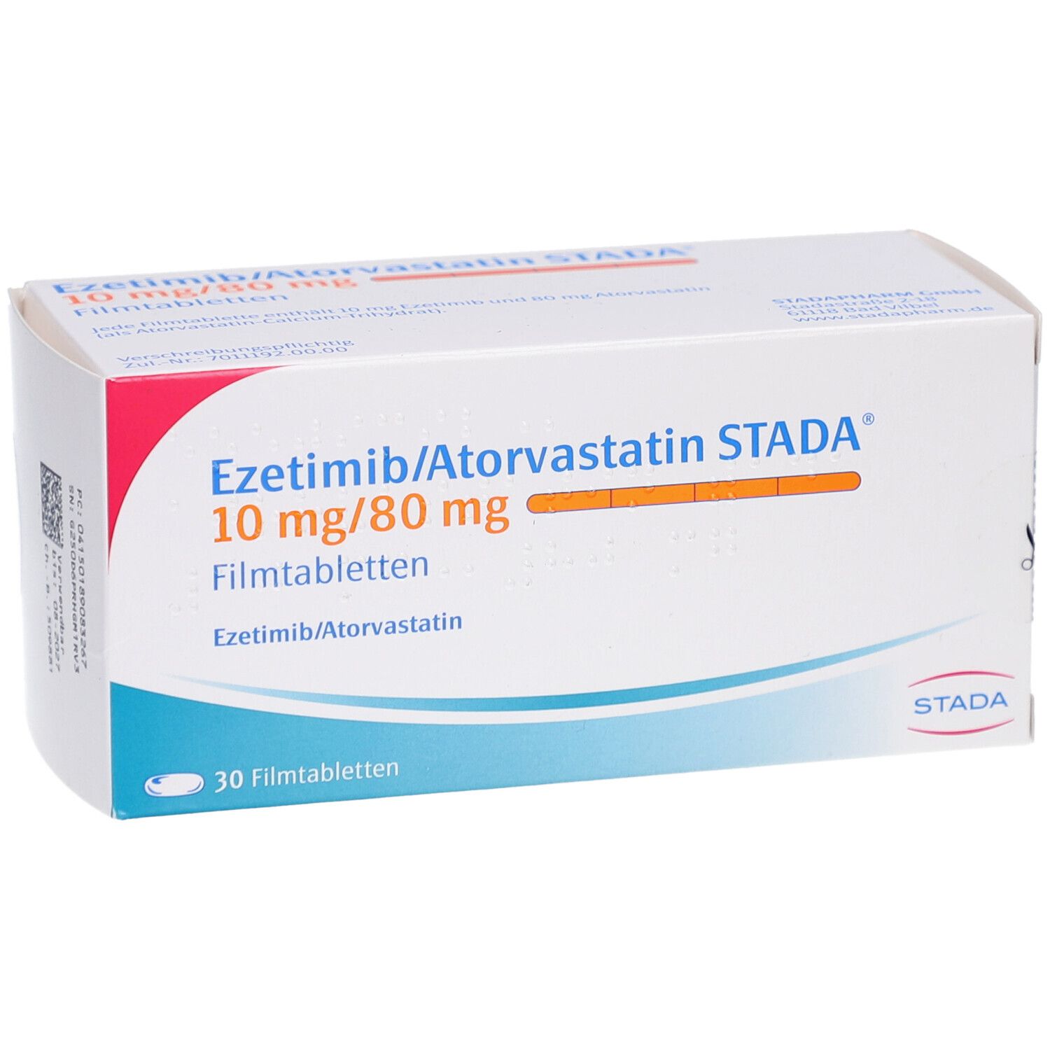 Schachtel EZETIMIB/Atorvastatin STADA 10 mg/80 mg Filmtabl. Aufschrift, 30 Filmtabletten. Weiß, rot, orange.