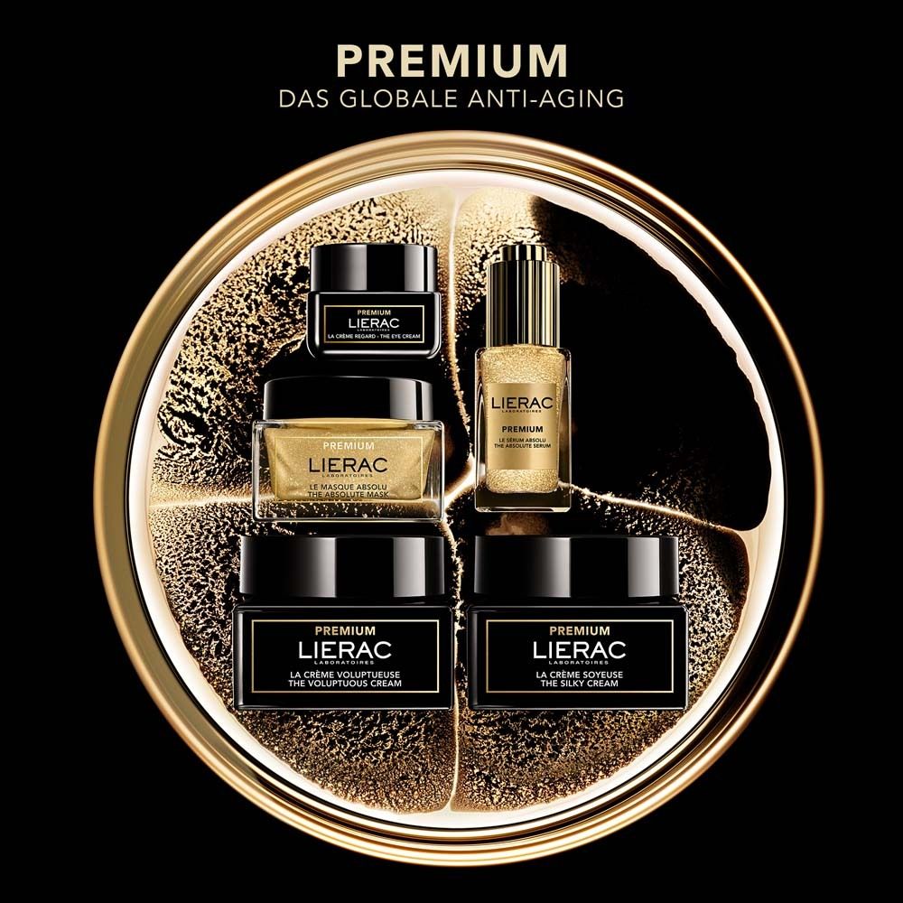 Verschiedene LIERAC-Produkte auf goldenem Hintergrund. Produkte: Cremes, Serum.