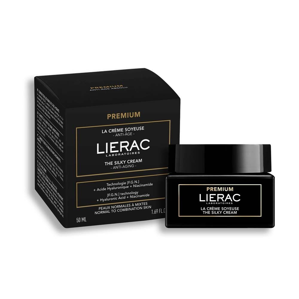 Schwarzer Tiegel und Schachtel. Aufschrift: PREMIUM, LIERAC, LA CRÈME SOYEUSE, THE SILKY CREAM.