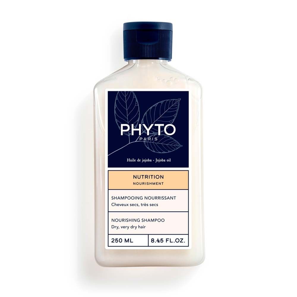 Flasche Shampoo mit Etikett. Aufschrift PHYTO PARIS, Nutrition, Shampoo für trockenes Haar. 250 ml.