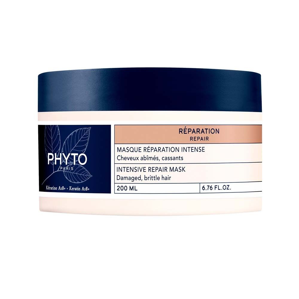 Runde Dose mit blauem Deckel. Aufschrift PHYTO PARIS und Produktbezeichnung. Text: Masque Réparation Intense, 200 ml.