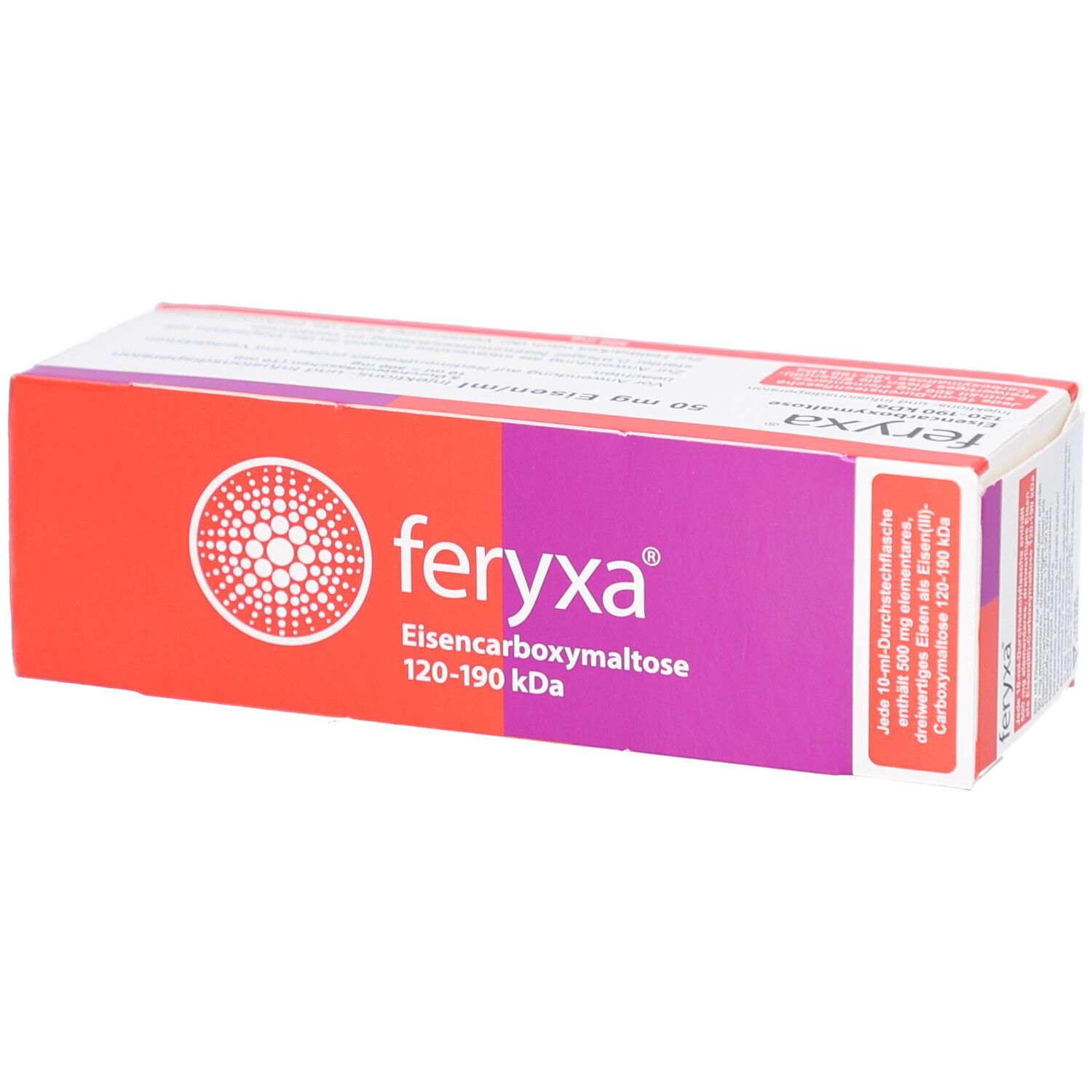 Verpackung von FERYXA. Rot-lila Farbgebung. Schriftzug FERYXA, Eisen-Carboxymaltose. Aufdruck 50 mg Eisen/ml.