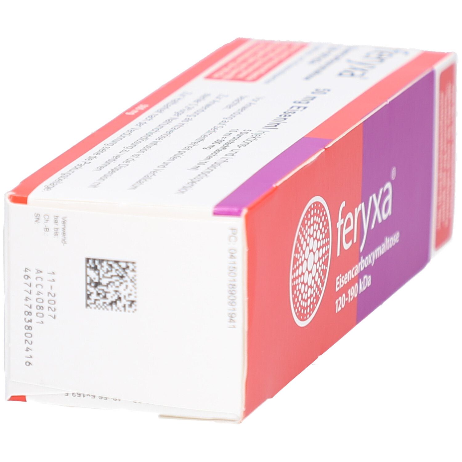 Verpackung von FERYXA. Ansicht von unten. Rot-lila Farbgebung. Schriftzug FERYXA. Barcode und Chargennummer.
