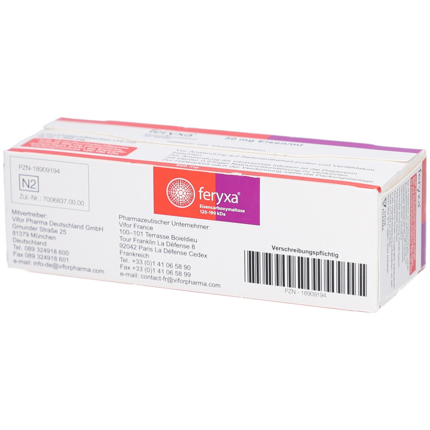 Verpackung von FERYXA. Ansicht von oben. Rot-lila Farbgebung. Schriftzug FERYXA. Herstellerinformationen und Barcode.