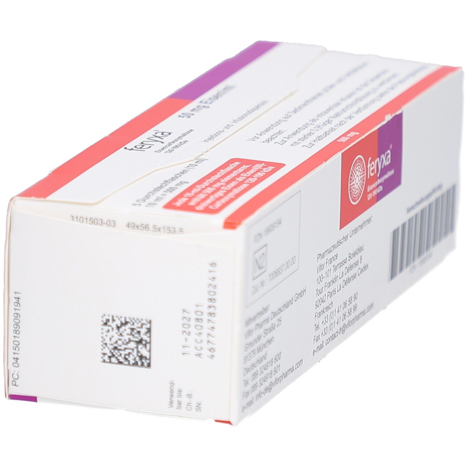 Verpackung von FERYXA. Ansicht von unten. Rot-lila Farbgebung. Schriftzug FERYXA. Barcode und Chargennummer.