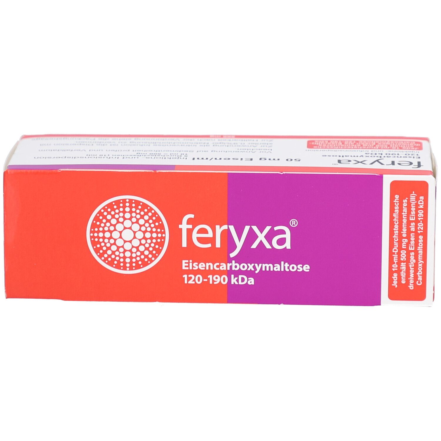 Verpackung von FERYXA. Rot-lila Farbgebung. Schriftzug FERYXA, Eisen-Carboxymaltose. Aufdruck 50 mg Eisen/ml.