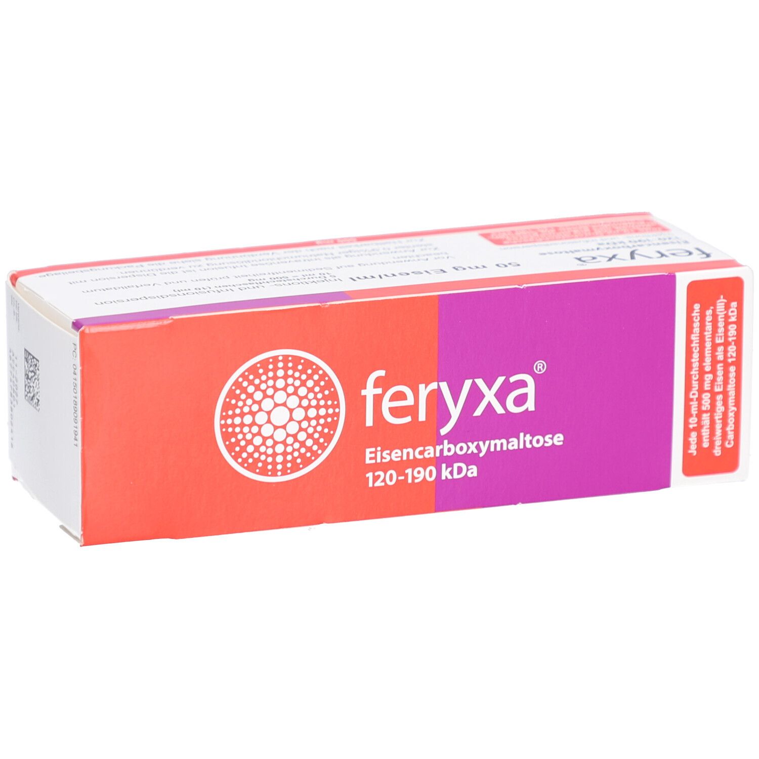 Vorderansicht der FERYXA-Verpackung. Rote und violette Farbgebung. Schriftzug FERYXA und weitere Informationen.
