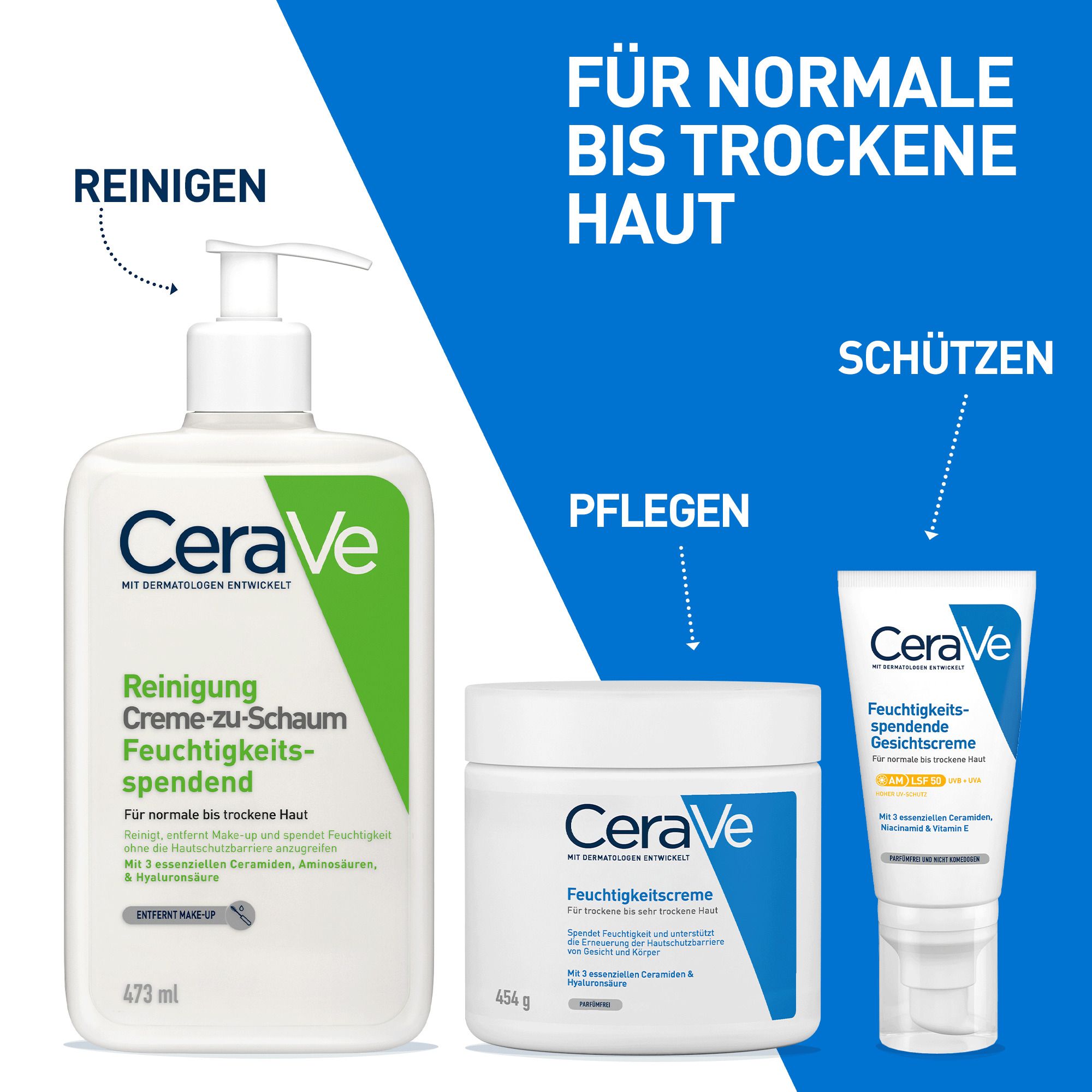 CeraVe Creme-zu-Schaum Reinigung für normale bis trockene Haut, Gesichtsreinigung & Make-up-Entferner, mit 3 essenziellen Ceramiden & Hyaluron