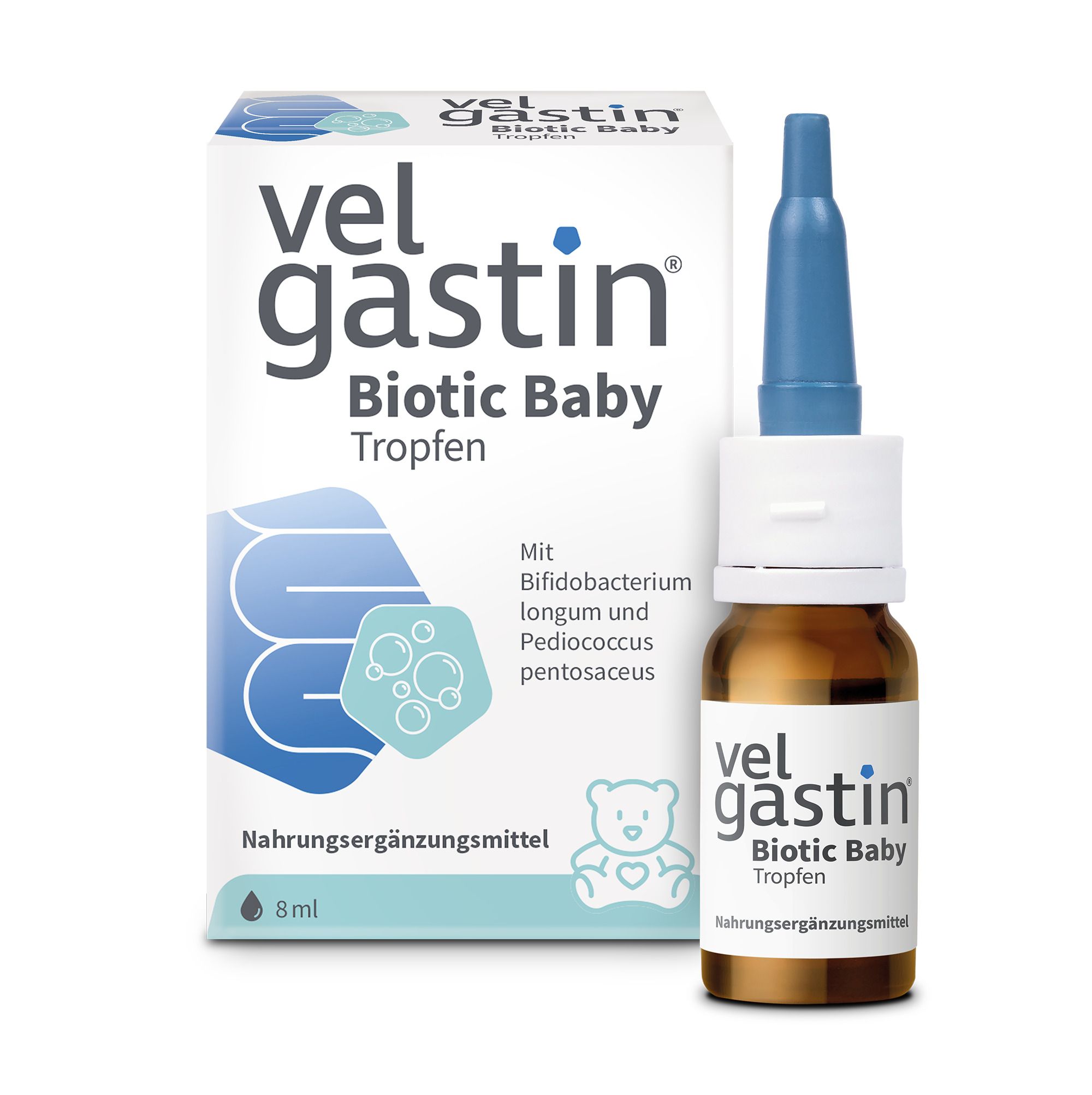 Velgastin Biotic Baby Tropfen. Flasche und Verpackung. Tropferaufsatz. Nahrungsergänzungsmittel.
