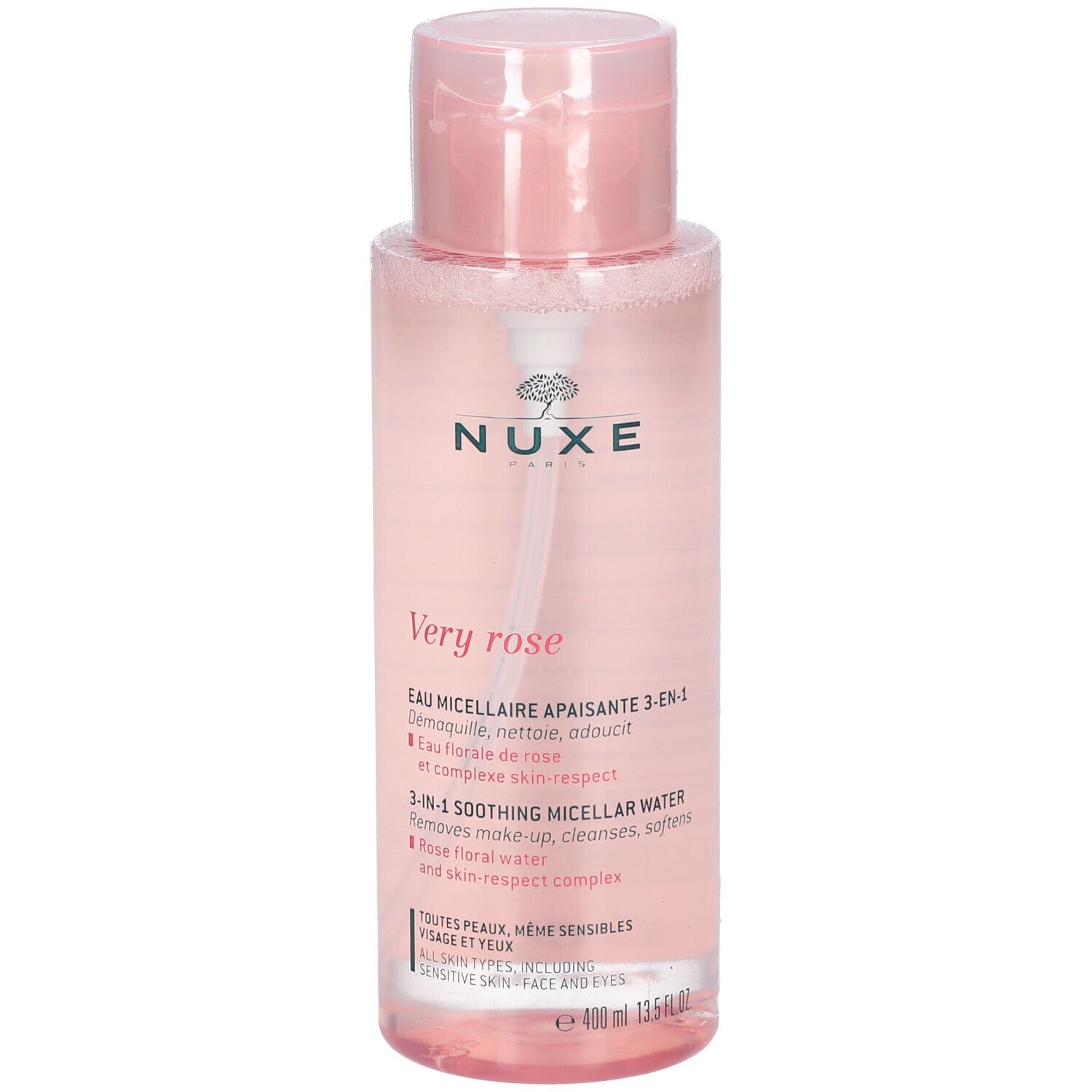 Rosa Flasche mit Pumpe. Aufschrift: NUXE, Very Rose, 3-in-1 Mizellenreinigungswasser. Für empfindliche Haut.