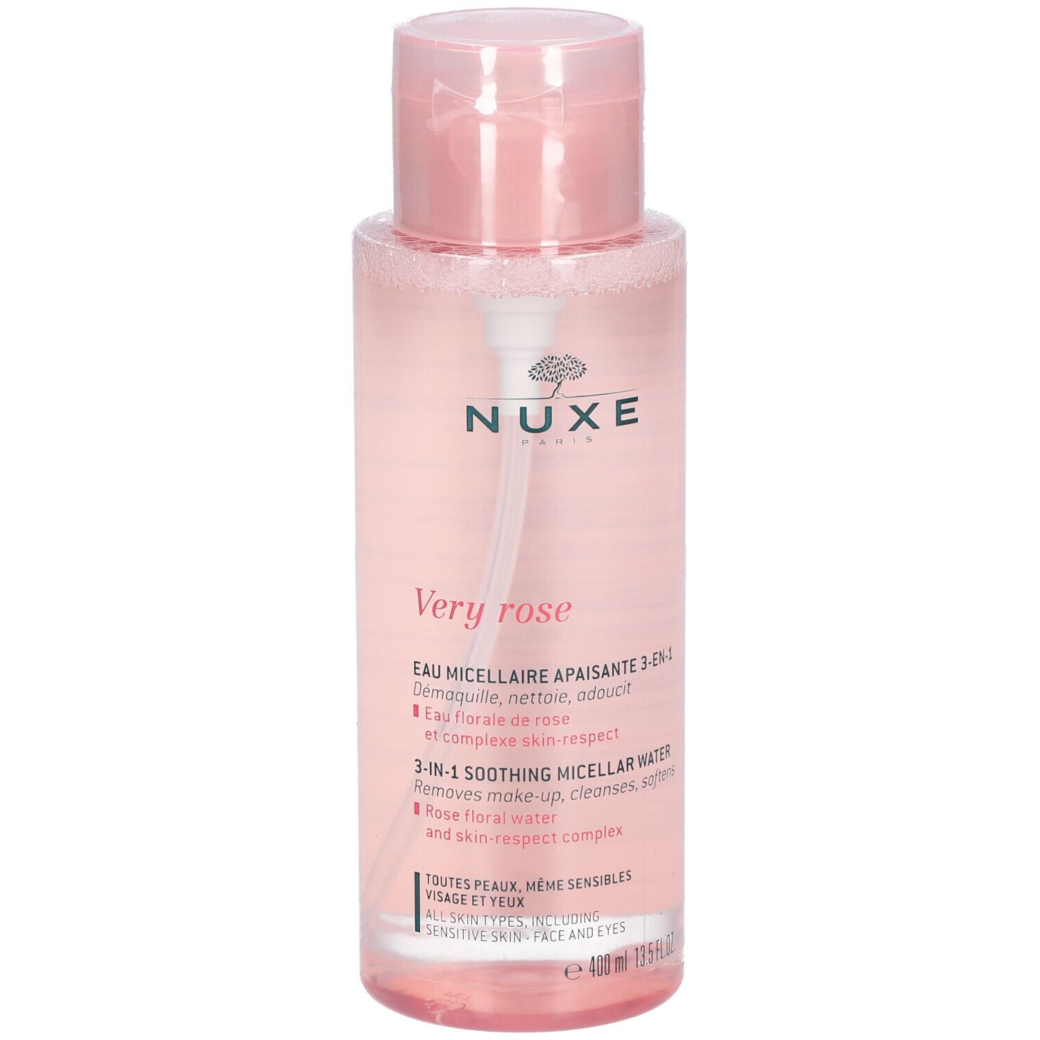 Rosa Flasche mit Pumpe. Aufschrift: NUXE, Very Rose, 3-in-1 Mizellenreinigungswasser. Für empfindliche Haut.