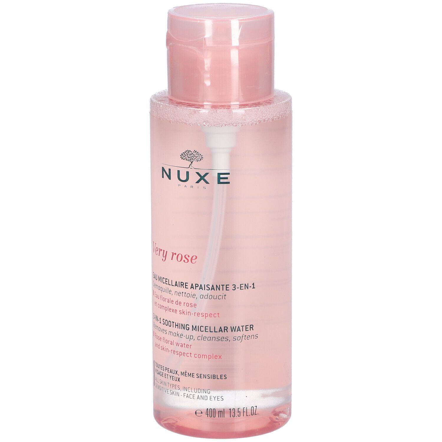 Rosa Flasche mit Pumpe. Aufschrift: NUXE, Very Rose, 3-in-1 Mizellenreinigungswasser. Für empfindliche Haut.