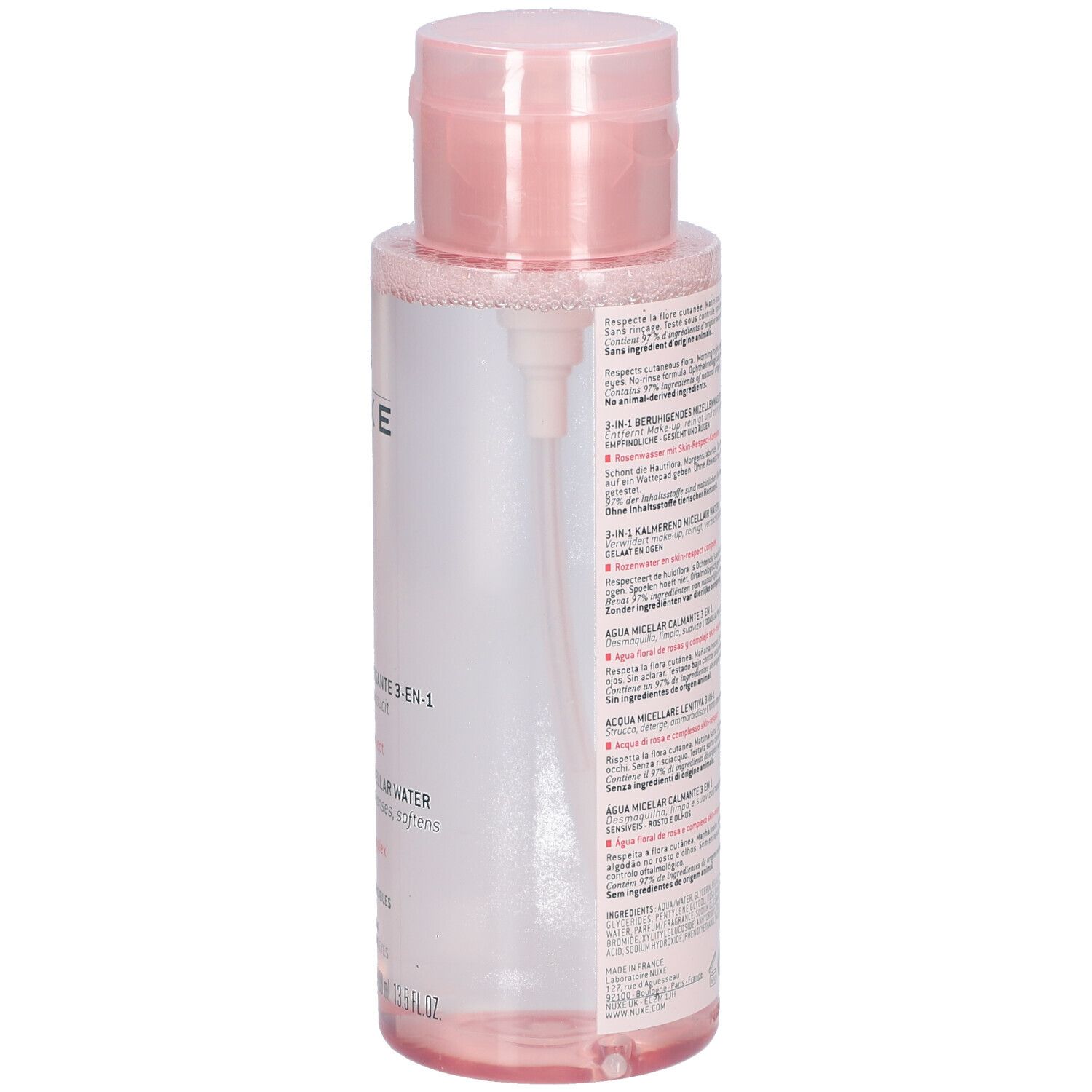 Rosa Flasche mit Pumpe. Aufschrift: NUXE, Very Rose, 3-in-1 Mizellenreinigungswasser. Rückseite mit Text.