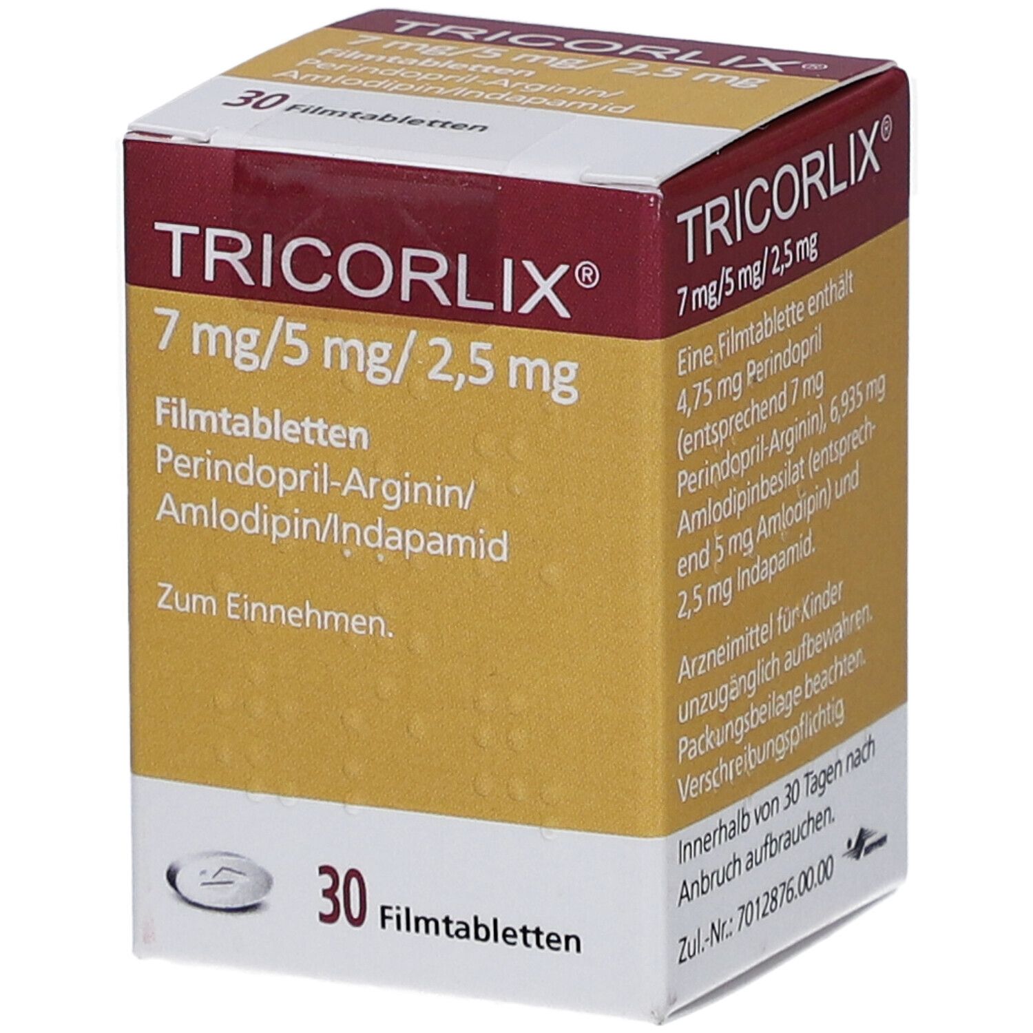 Arzneimittelpackung TRICORLIX, 7 mg/5 mg/2,5 mg Filmtabletten. 30 Tabletten. Aufdrucke: Perindopril-Arginin, Amlodipin/Indapamid.