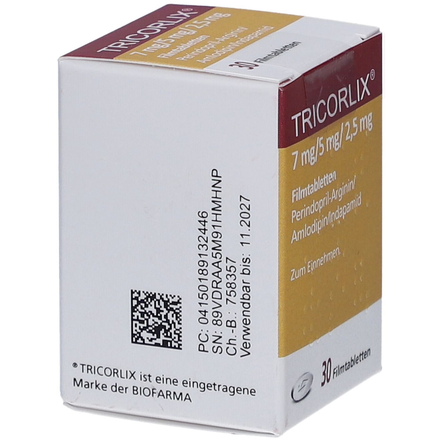 TRICORLIX-Packung, 7 mg/5 mg/2,5 mg Filmtabletten. Aufdrucke: Perindopril-Arginin, Amlodipin/Indapamid. QR-Code und Verfallsdatum.