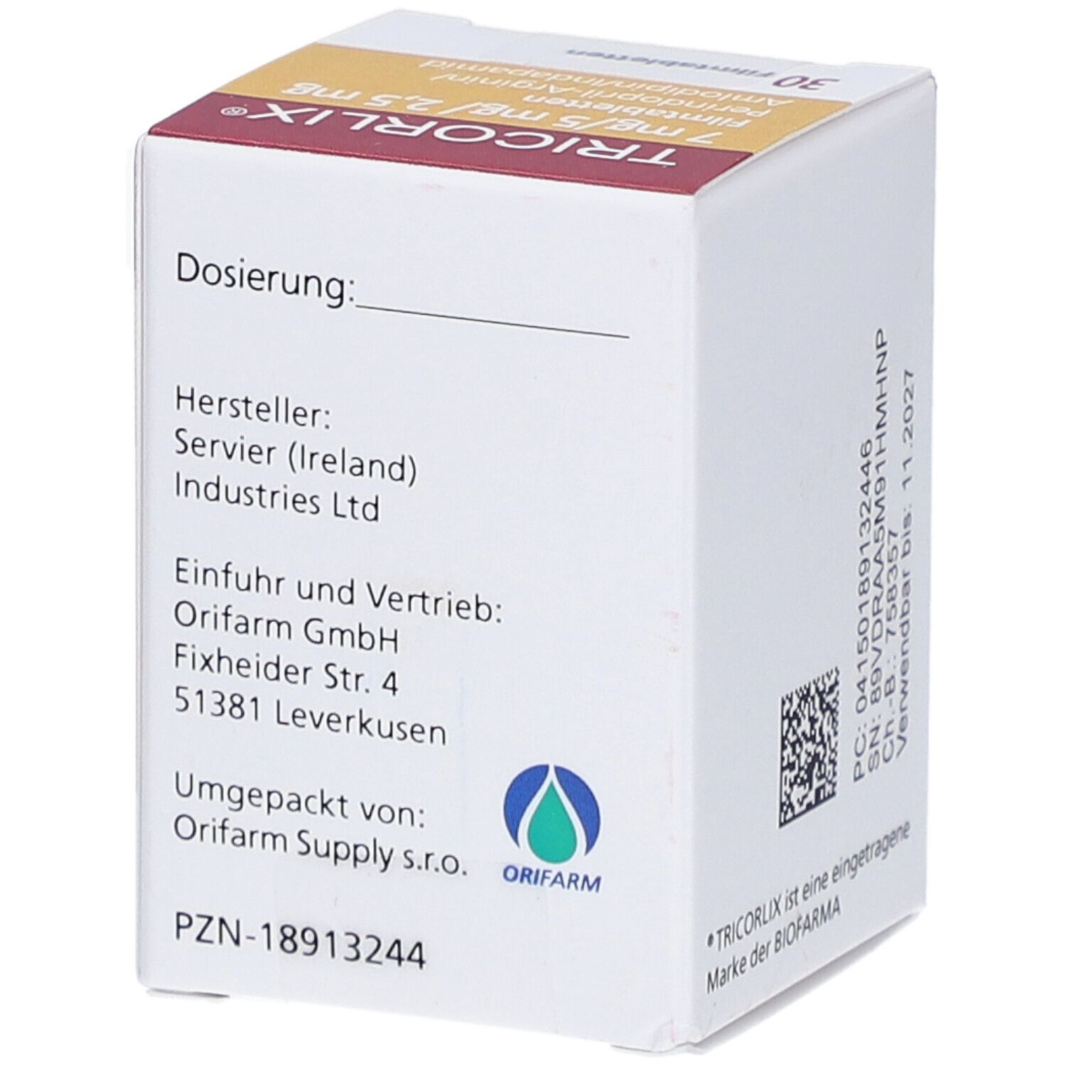 Packungsbeilage TRICORLIX. Hersteller: Servier (Ireland) Industries Ltd. Vertrieb: Orifarm GmbH. Logo Orifarm. PZN-18913244.