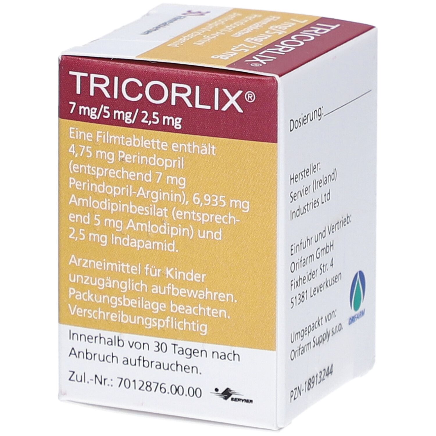 TRICORLIX-Packung, 7 mg/5 mg/2,5 mg Filmtabletten. Aufdrucke: Perindopril-Arginin, Amlodipin/Indapamid. Dosierungshinweise und Herstellerinformationen.