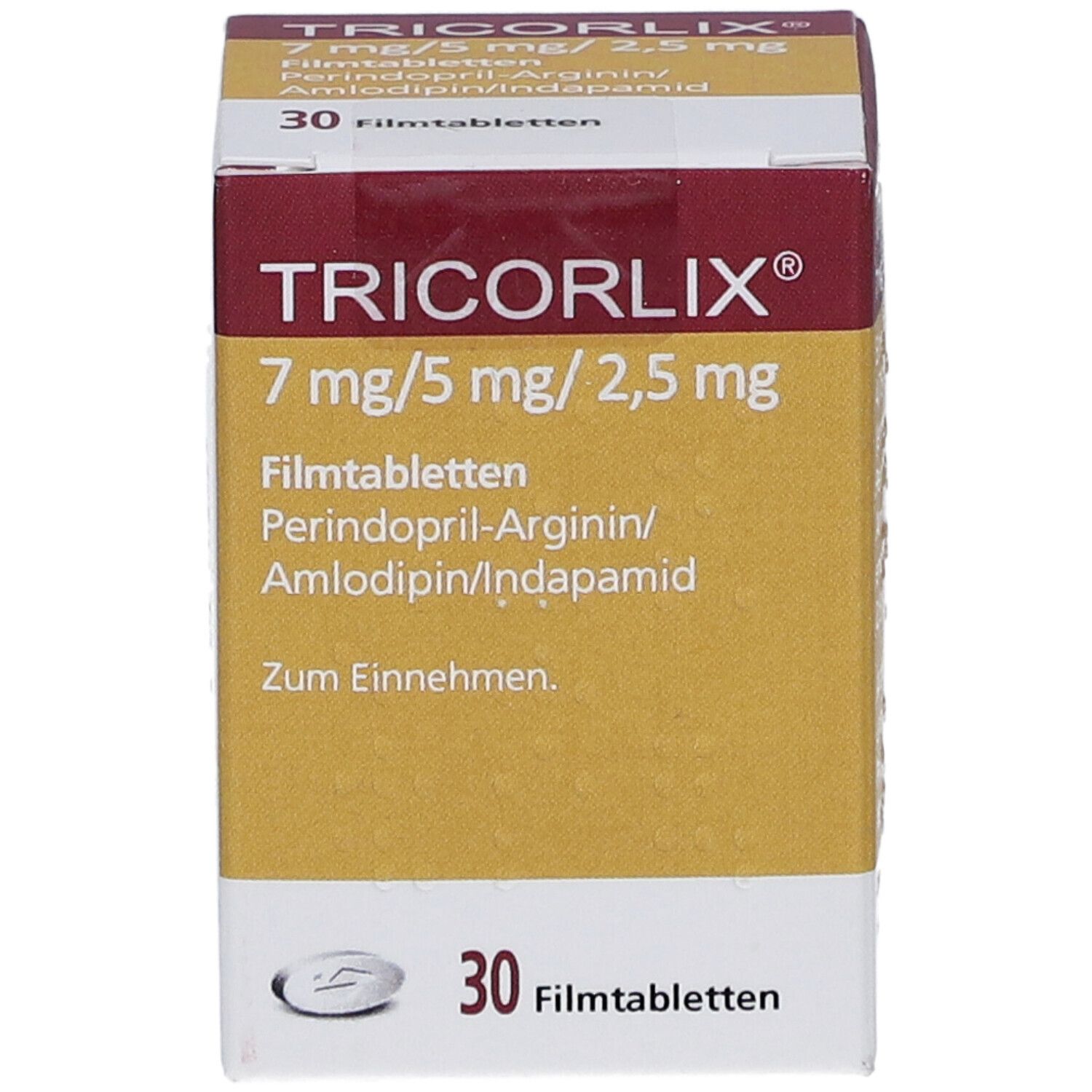 TRICORLIX-Packung, 7 mg/5 mg/2,5 mg Filmtabletten. 30 Tabletten. Aufdrucke: Perindopril-Arginin, Amlodipin/Indapamid. Zum Einnehmen.