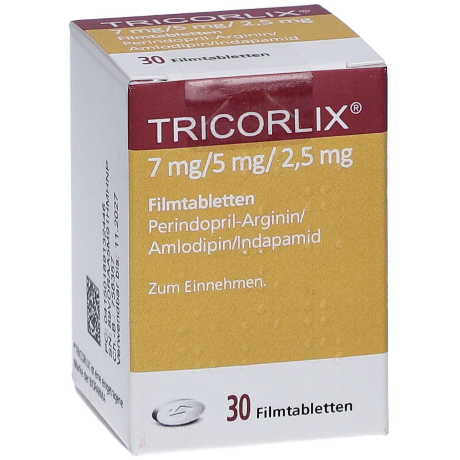 TRICORLIX-Packung, 7 mg/5 mg/2,5 mg Filmtabletten. 30 Tabletten. Aufdrucke: Perindopril-Arginin, Amlodipin/Indapamid. Zum Einnehmen.